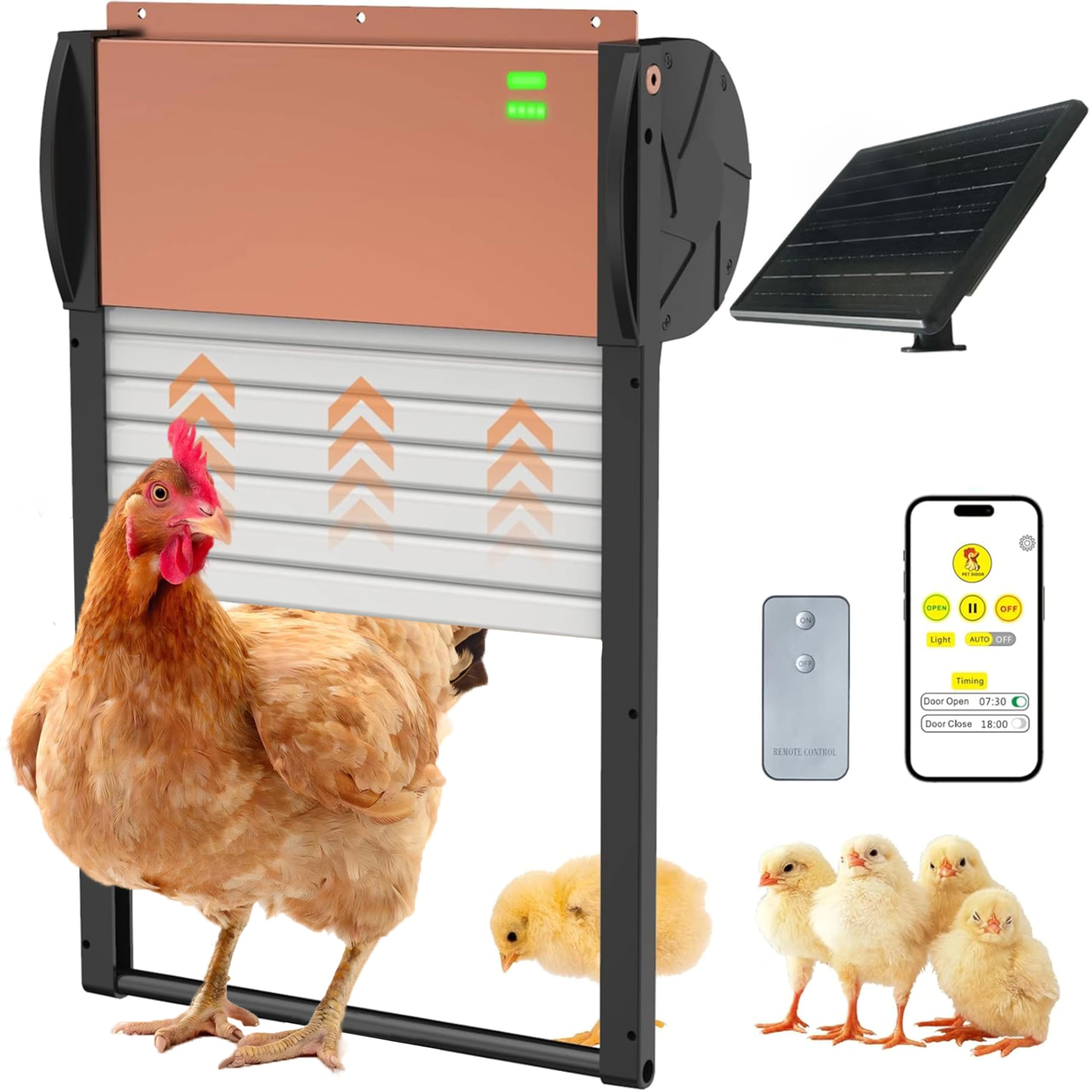 Photo 1 of Automatic Chicken Coop Door, Solar Powered Chicken Door with Timer & Light Sensor, Chicken Door Opener, Support APP Controlled, Built-in 4000mAh Battery, USB Rechargeable, Anti-Pinch & Weather Proof