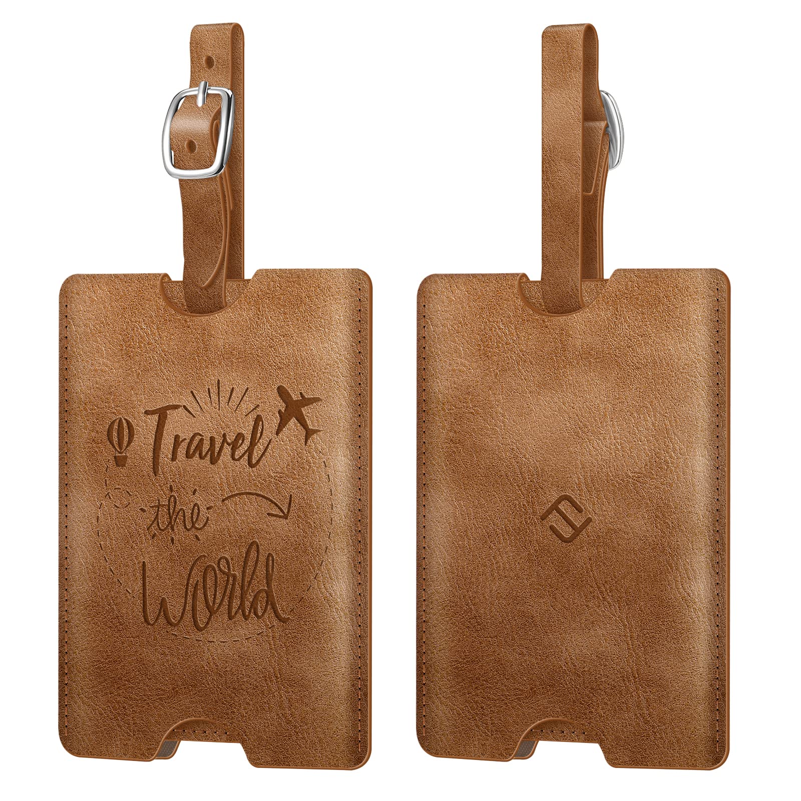 2 Pack Luggage Tags, Fintie PU Leather Name ID Labels with Privacy Cover for Travel Bag Suitcase (Vintage Brown)
