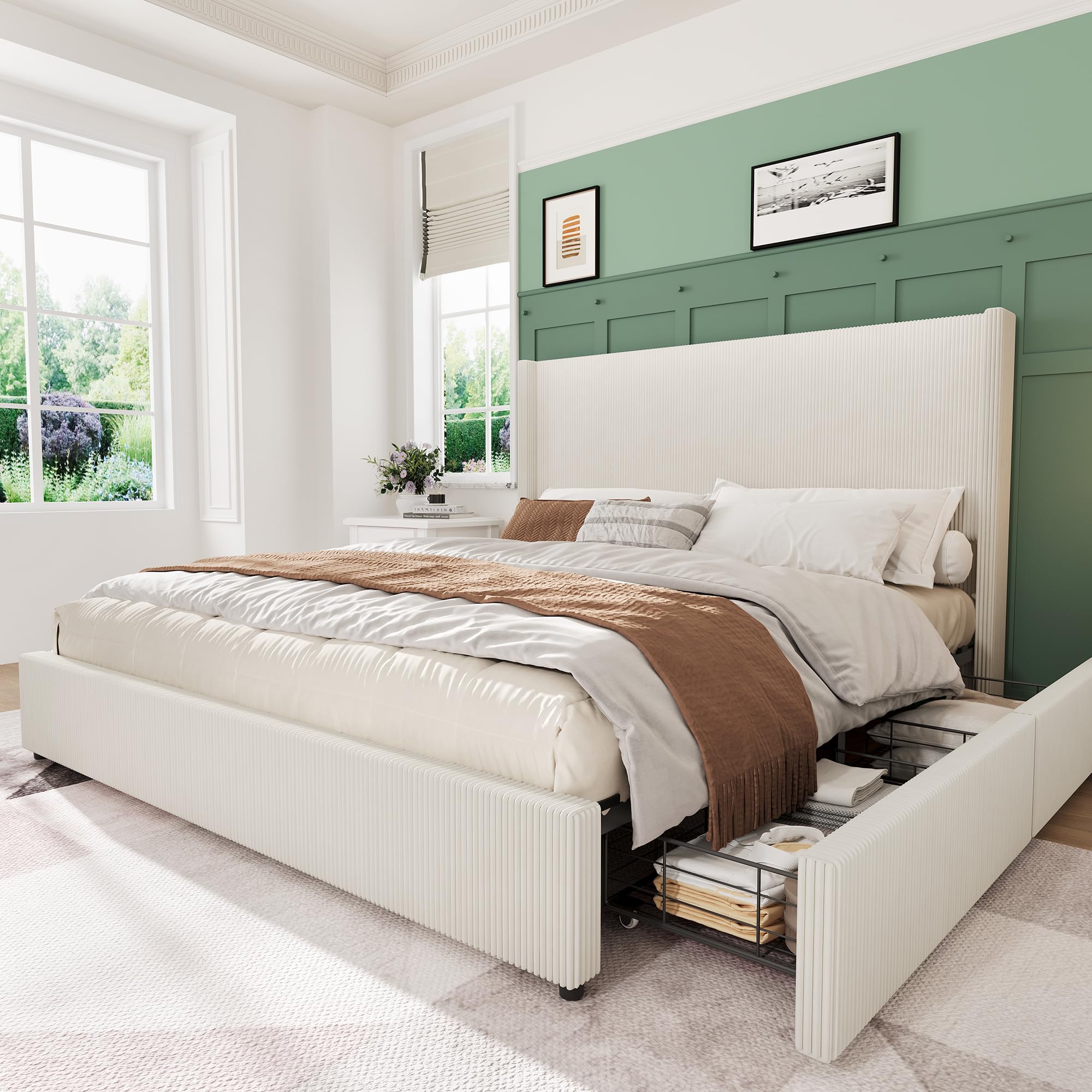 Photo 1 of **MINOR WEAR USE. CAT HAIR OR FIBERS ALL OVER**GarveeHome King Size Upholstered Platform Bed Frame with Storage Drawers, Corduroy Wingback with Tufted Headboard and Footboard, No Box Spring Needed, Easy Assembly, Cream White