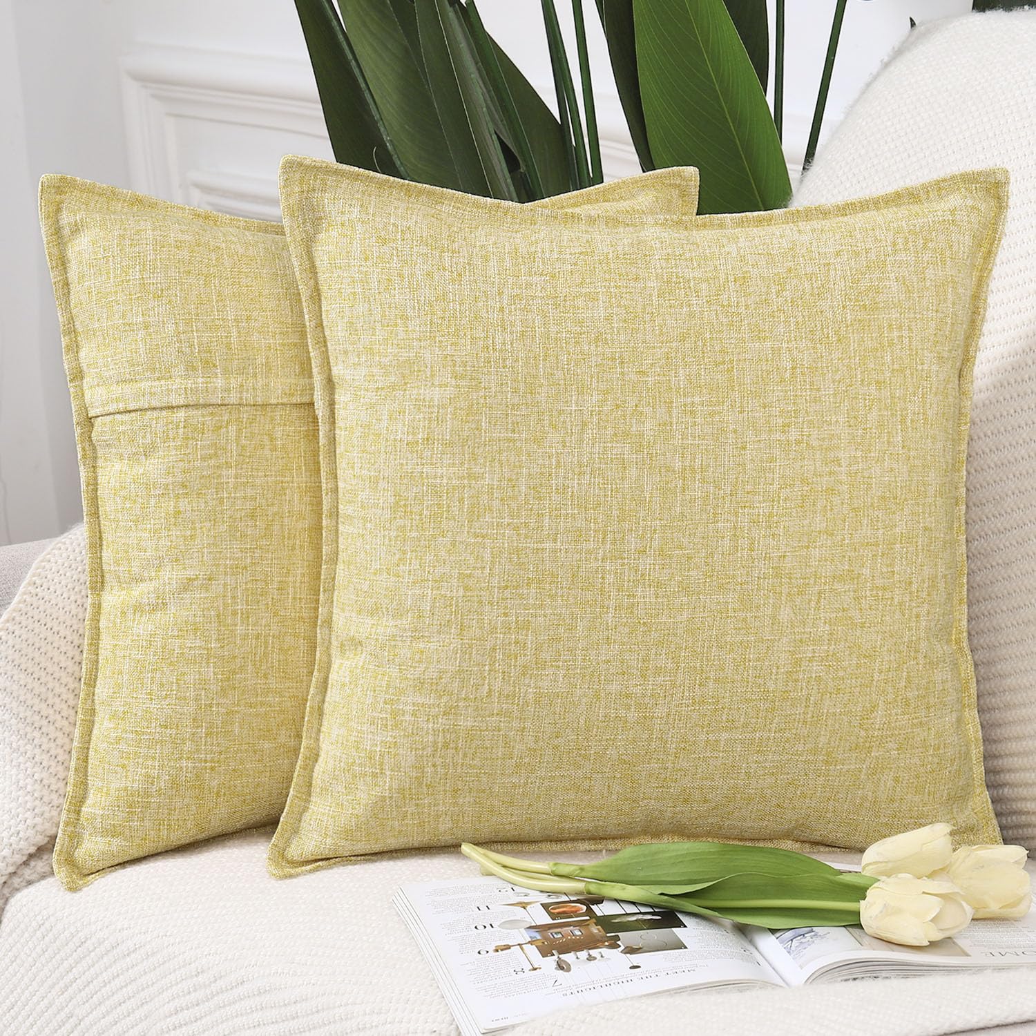 Madizz Set of 2 Faux Linen Cushion Covers 24x24 inch, 60x60 cm, Light Yellow Soft Decorative Couch Pillows for Bed Pillowcases for Sofa Livingroom Home Decor — image 1