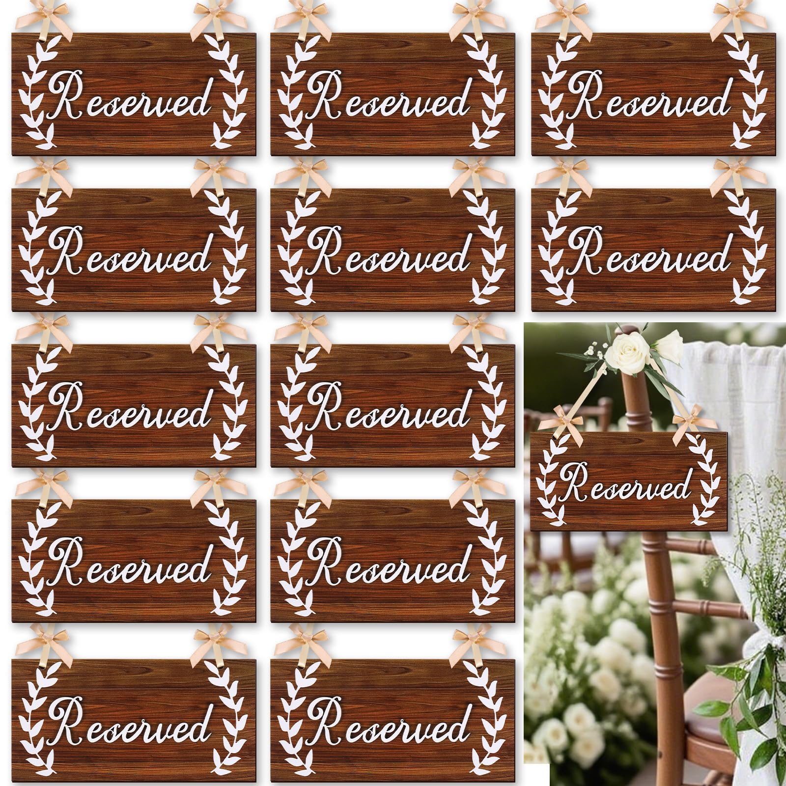 Photo 1 of 12 Pack Reserved Signs for Wedding Chairs Wooden Reserved Seating Row Signs with Bow Ribbon for Wedding Reception Party Restaurant Church Events Pews Decoration