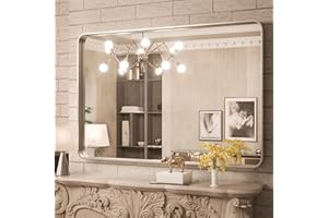 TokeShimi 40 x 30 Inch Brushed Silver Bathroom Mirror for Wall Brushed Brass Metal Rounded Corner Rectangle Mirror Metal Frame Deep Set Design Hangs Horizontal Or Vertical