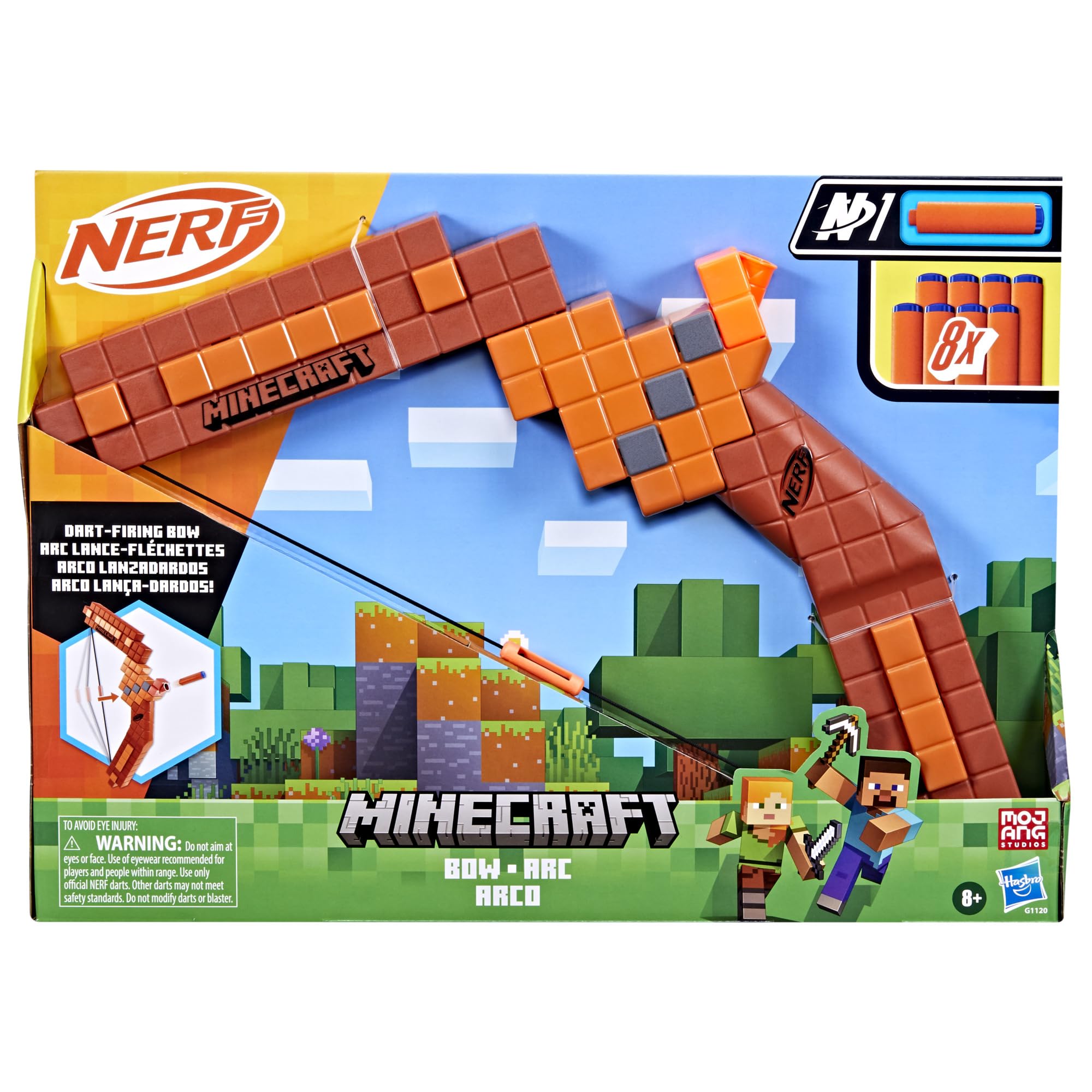 Nerf Minecraft Bow Dart Blaster, Pull-Back String Priming, 8 Nerf N1 Compatible Only with N1 Dart Blasters, Ages 8+