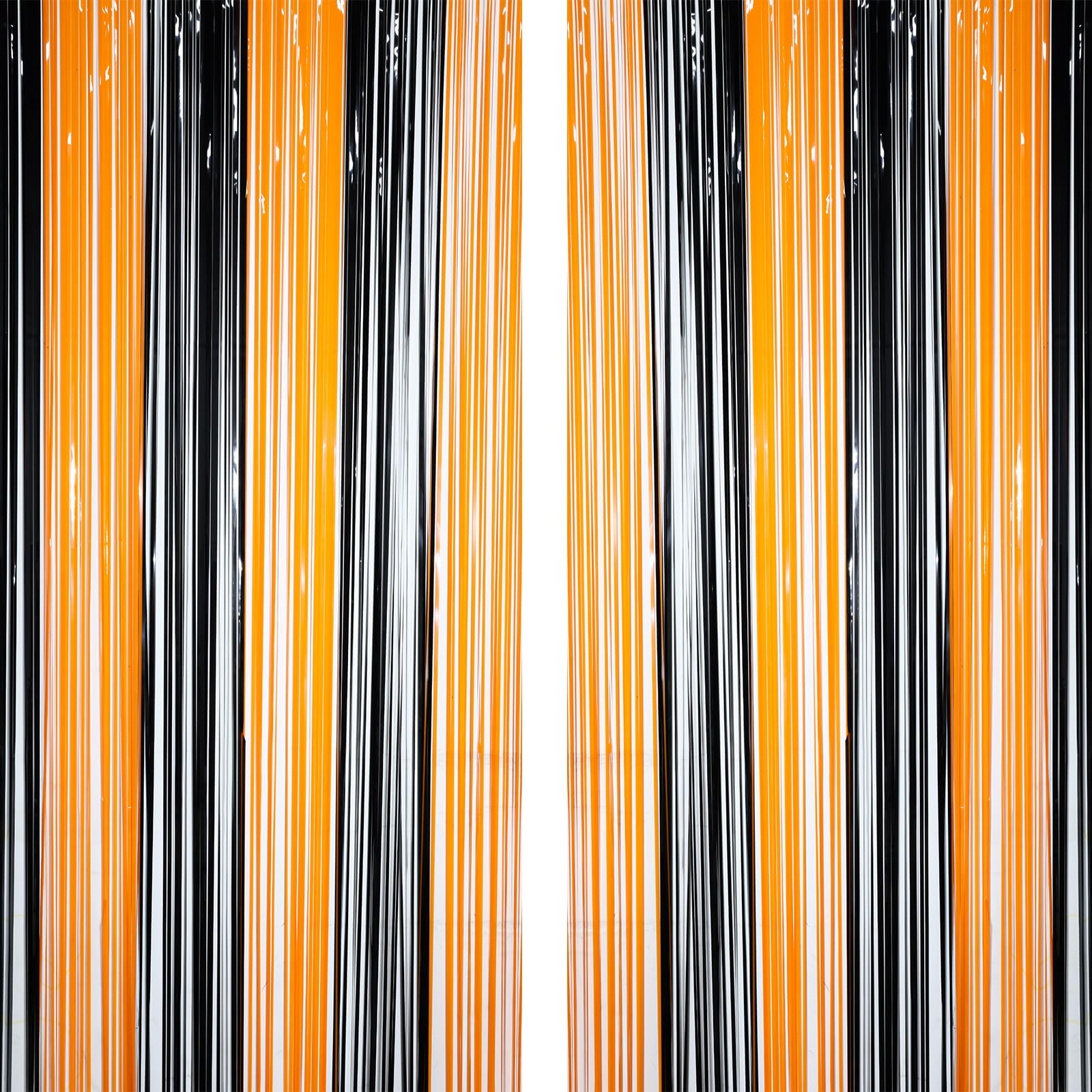 TOPWAYS 2PCS Halloween Tinsel Curtains, Orange Black Foil Fringe Curtains, 3.2 X8.3ft Metallic Foil Curtain, Halloween Party Streamers Door Hanging Decorations for Halloween Wall Party Supplies
