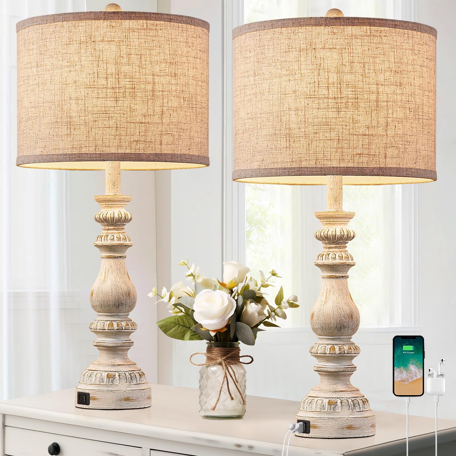 Photo 1 of BOOUCUU Farmhouse Bedside Lamps Set of 2 Bedroom Lamps for Nightstand with USB A+C Ports, 28” Rustic Vintage Table Lamps for Living Room with Rotary Switch - Bulb Not Included