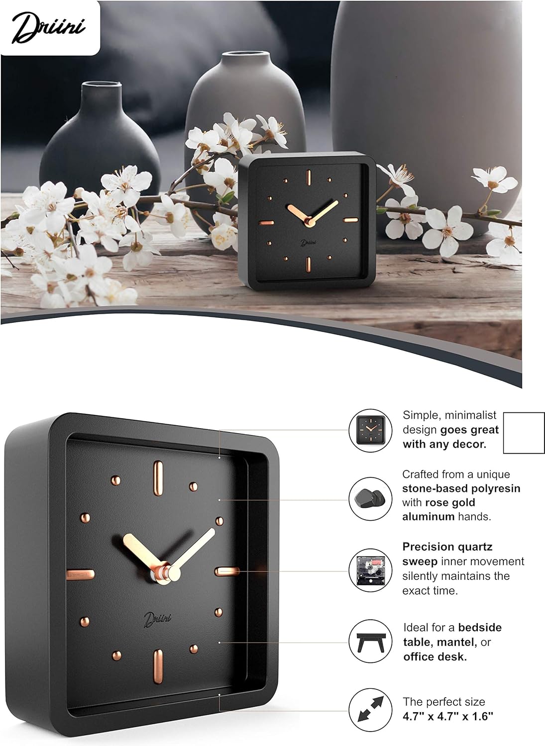 Black Rose Gold Battery Operated With Silent Sweep Movement Or Bedrooms Small Square Desktop Clocks For