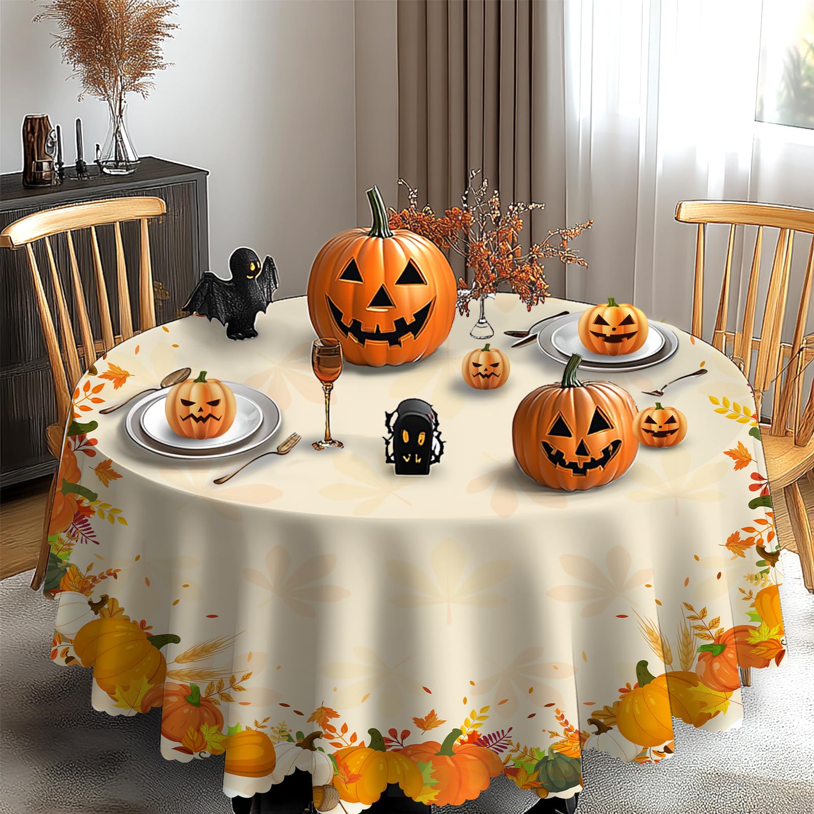 iEvery Autumn Round Table Cloth Wipe Clean 150cm, Pumpkin Thanksgiving Tablecloth Autumn Home Decor, Waterproof Table Cover for Fall Harvest Party Holiday Outdoor Picnic