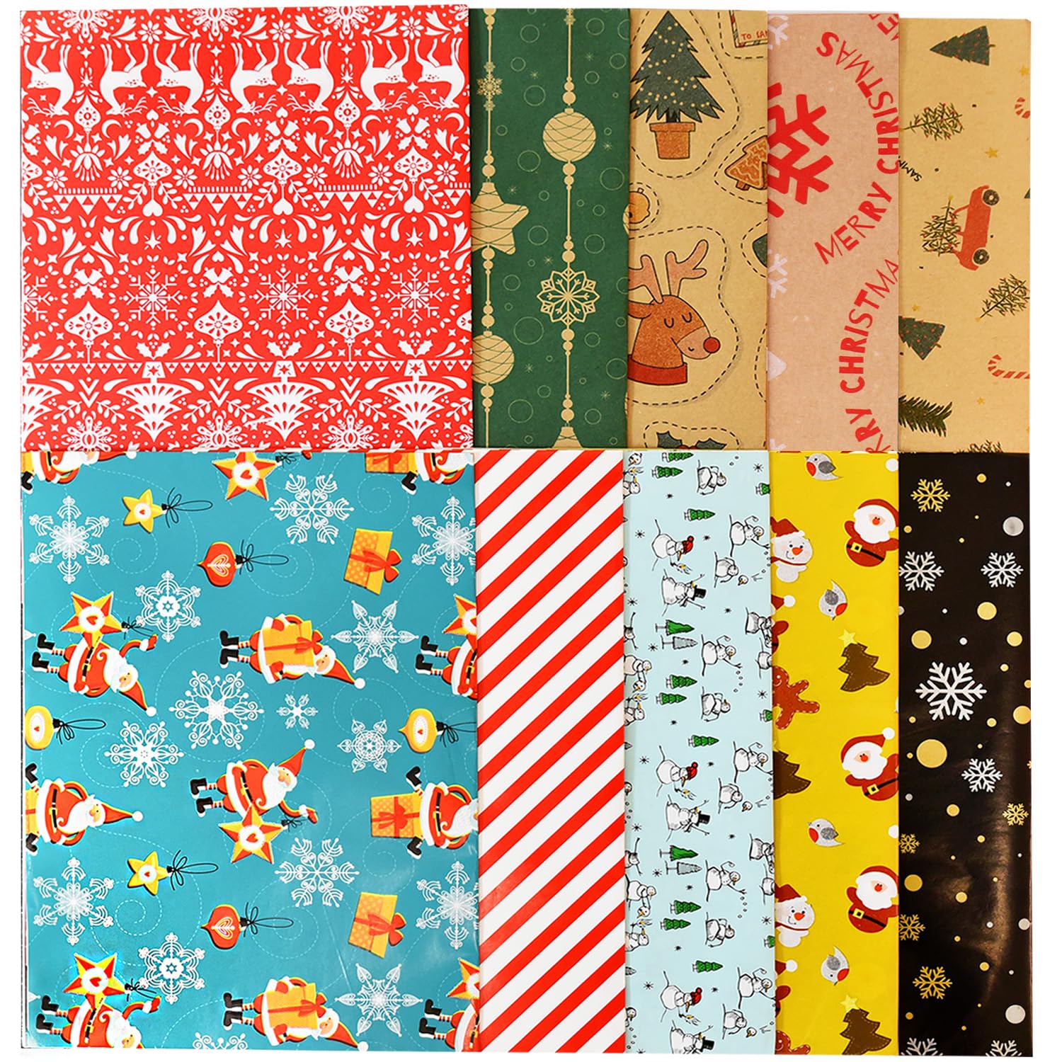 Christmas Wrapping Paper - 10 Sheets, 70x50cm Each - Rustic Santa Claus, Snowman, Moose, Snowflakes, Trees, Candy Canes, Red Stripes, Polka Dots