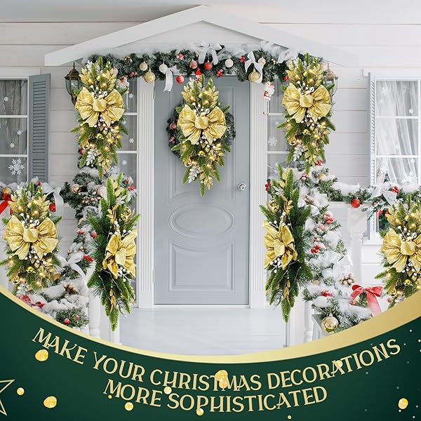 LYROW 8 PCS CHRISTMAS ARTIFICIAL SWAGS 24″ XMAS THE CORDLESS PRELIT STAIRWAY SWAG TEARDROP TRIM WREATH DOOR STAIR SWAG GARLAND CHRISTMAS SWAGS FOR OUTDOOR HOME GARDEN DECOR(GOLD,RETRO)