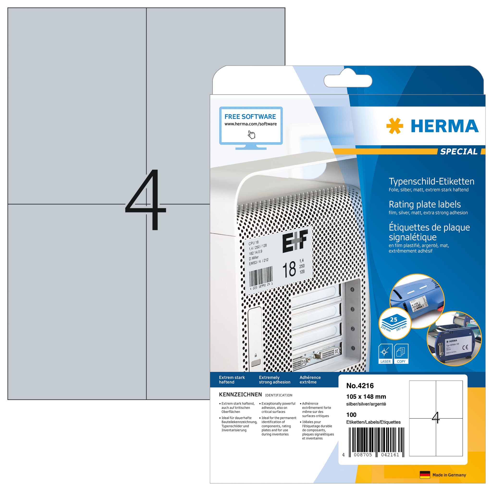 HERMA Self Adhesive Name Plate Film Labels, 4 Labels per A4 Sheet, 25 Sheets, 105 x 148 mm, 100 Labels, Weatherproof Labels Stickers, Sticky Labels for Laser & Inkjet Printer, Metallic Silver