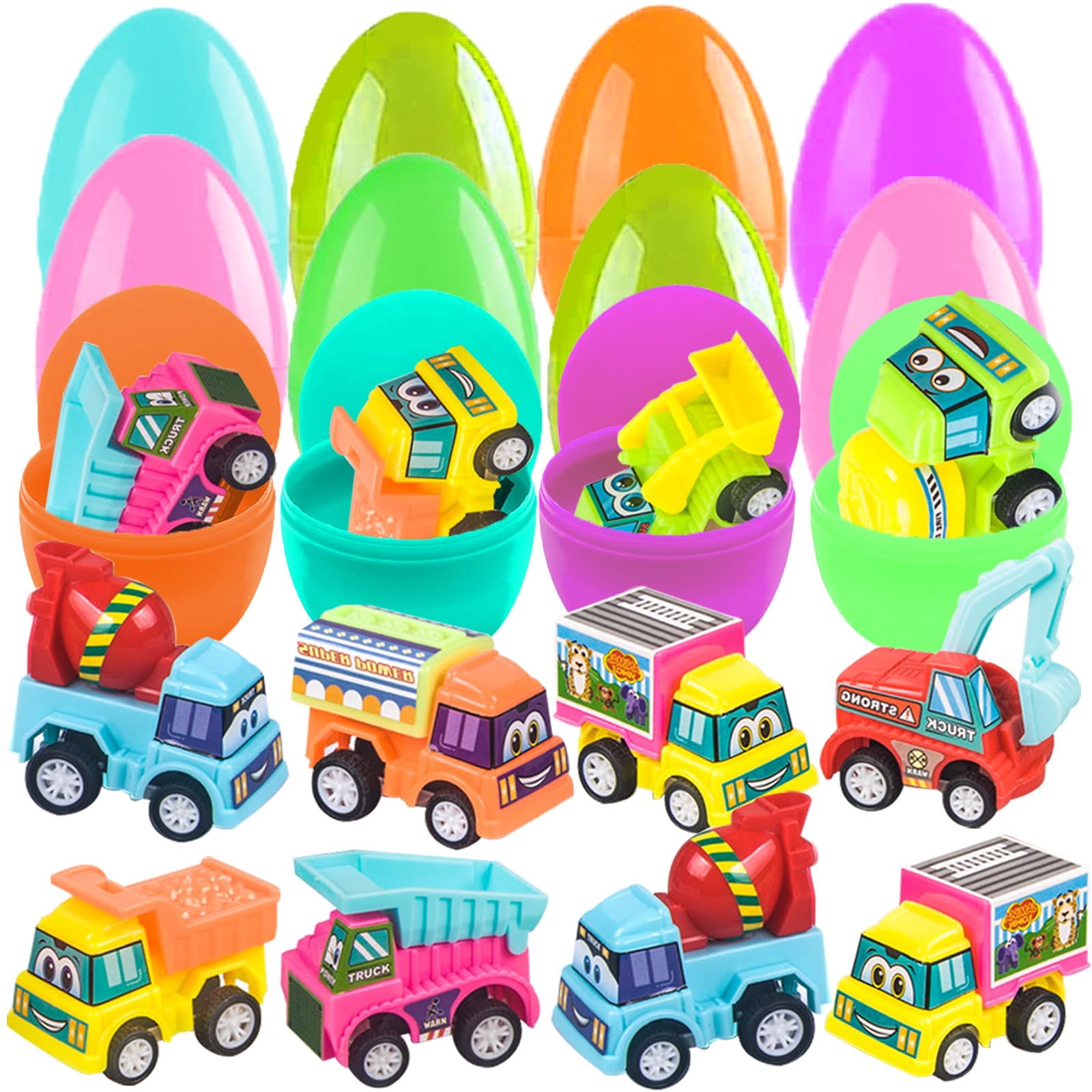 TEMOGU Prefilled Plastic Easter Eggs Filled with Pull-Back Engineering Vehicles, 12Pack Filled Cars Toy for Eggs Hunt, Easter Basket Stuffer