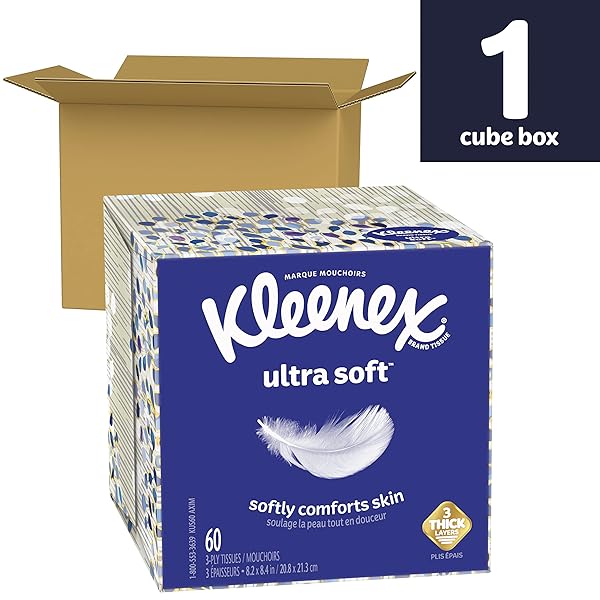 KLEENEX ULTRA SOFT FACIAL TISSUES, 1 CUBE BOX, 60 TISSUES PER BOX, 3-PLY, PACKAGING MAY VARY
