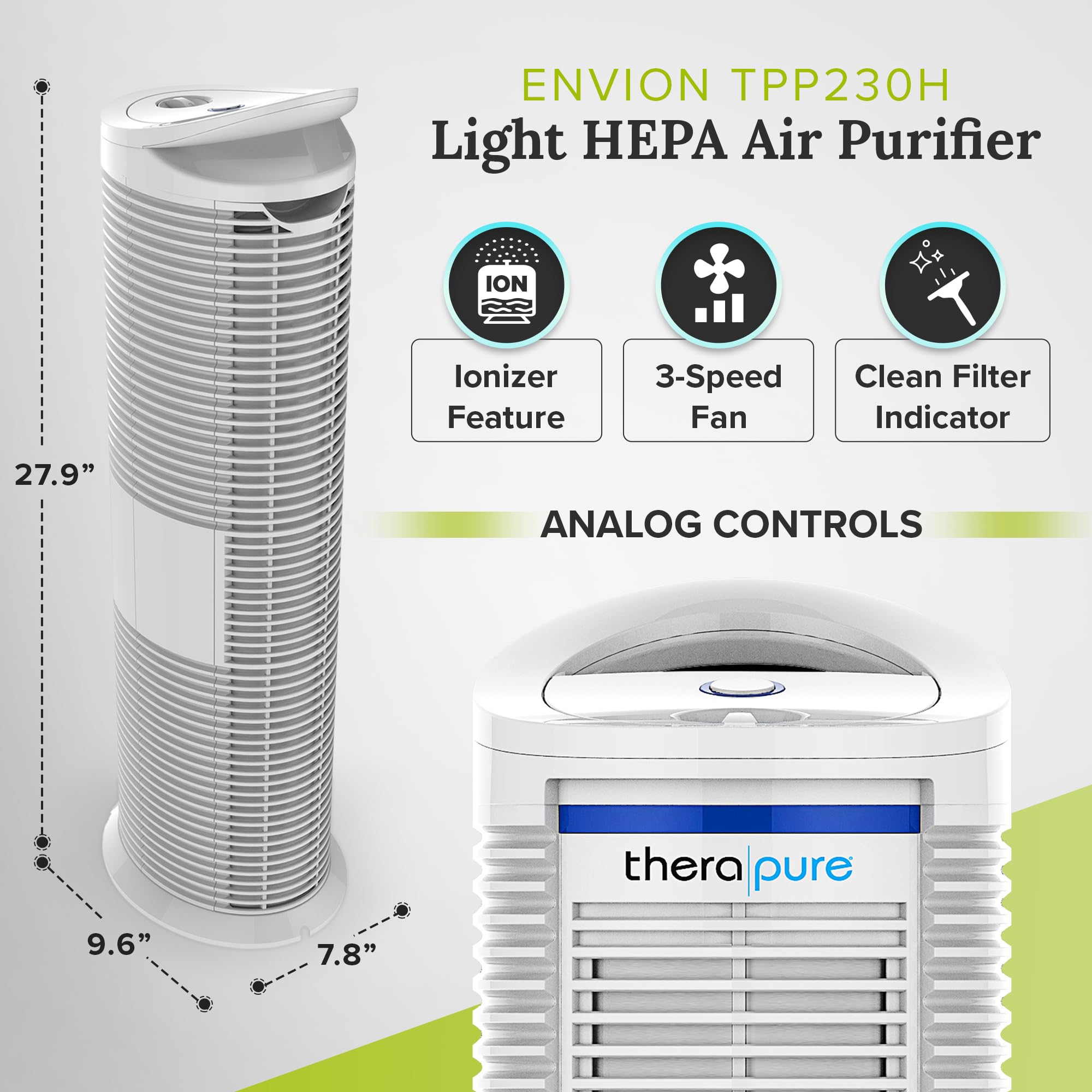 ENVION Therapure Medium/Large Room Home HEPA Air Purifier with Neutralizing Light Technology, Cleanable Air Filter, Analog Controls, & 3 Fan Speeds