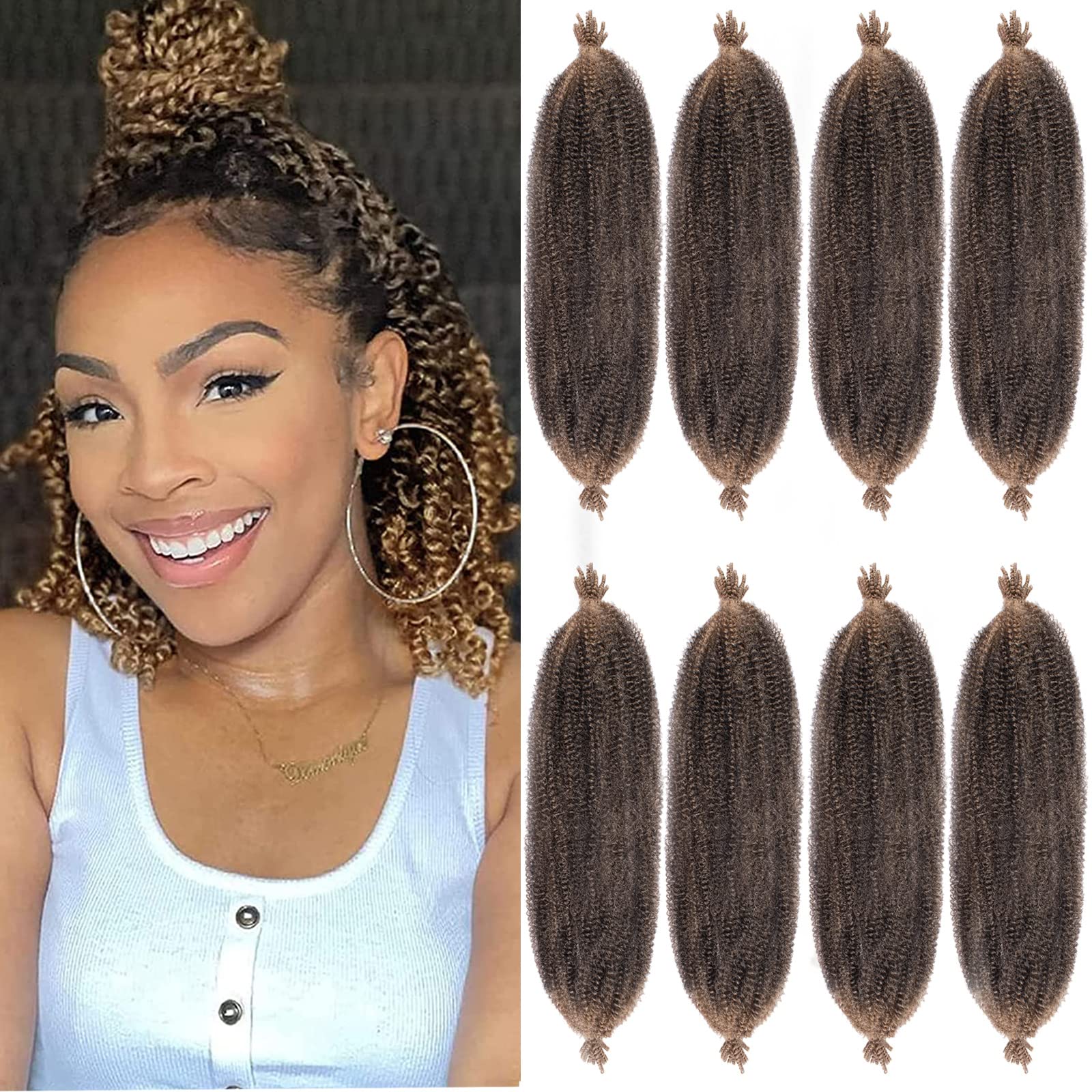 Xtrend 12 Inch Short Soft Springy Afro Twist Hair 8 Packs Pre-Separated Spring Twsit Hair For Soft Locs Dark Brown Marley Twist Crochet Braiding Synthetic Hair Extension (8 Strands/Pack,T27#)
