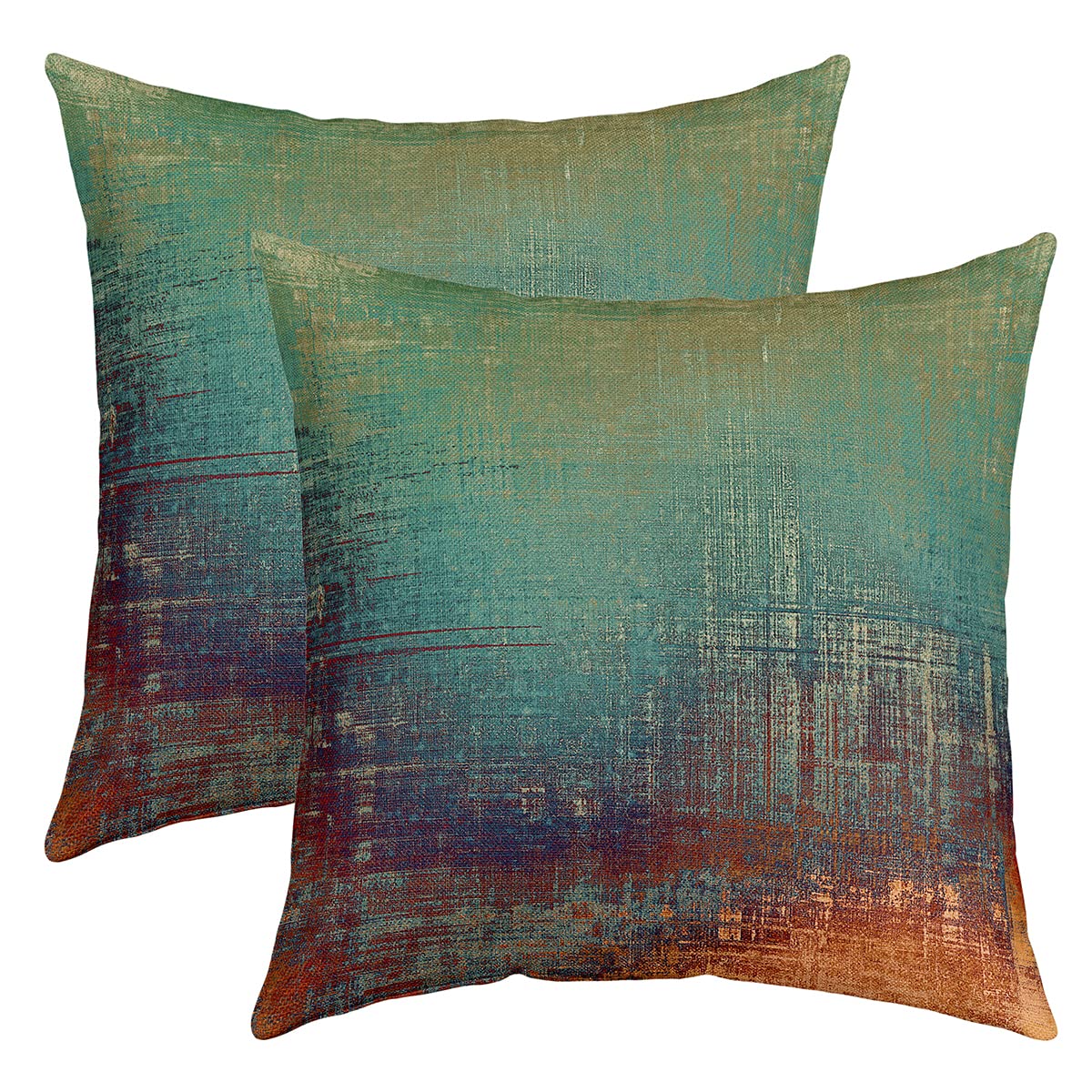 Retro Abstract Throw Pillow Covers 20"x20" Set of 2 Soft Vintage Blue Brown Messy Rust Painting Pillow Cases Cushion Covers For Living Room Modern Grunge Art Decorative Throw Pillowcases for Sofa