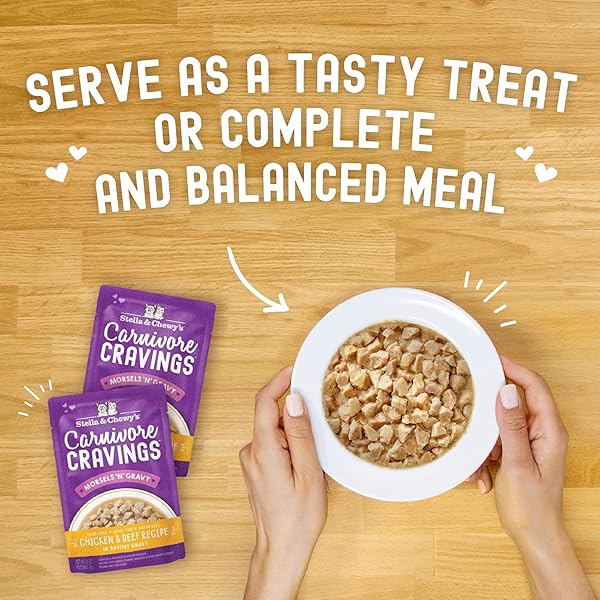 STELLA & CHEWY’S CARNIVORE CRAVINGS MORSELS & GRAVY CHICKEN & BEEF RECIPE WET CAT FOOD POUCHES – (2.8 OUNCE POUCH, CASE OF 12)