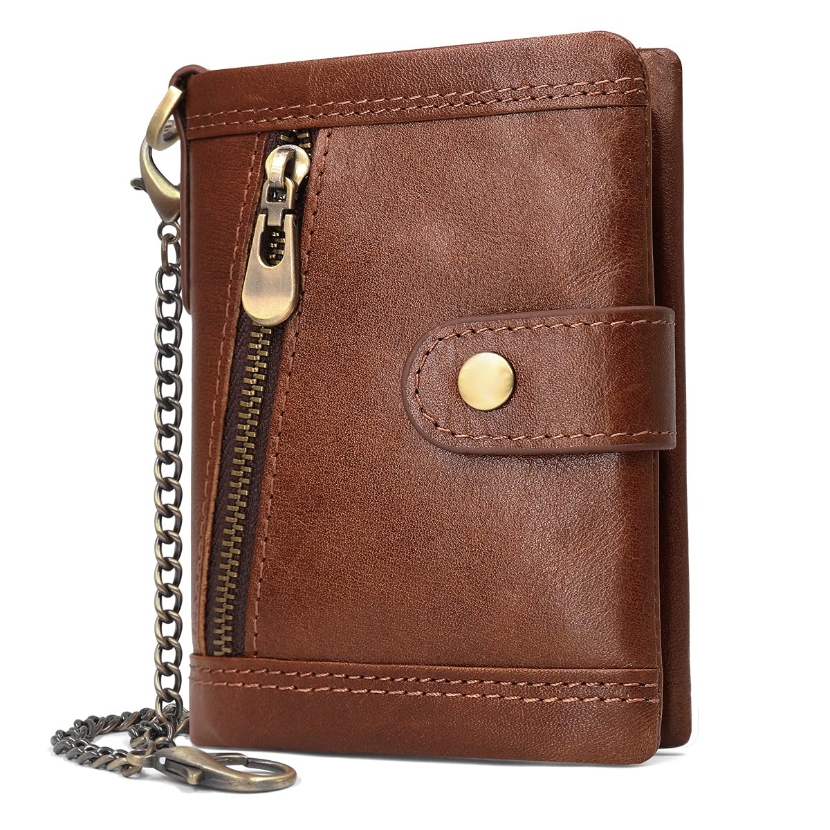 HNOOM Men's RFID Blocking Genuine Leather Wallet – Slim Bifold with Chain, 17 Card Slots & Coin Pocket, Anti-Theft Gift Box Included (Coffee)