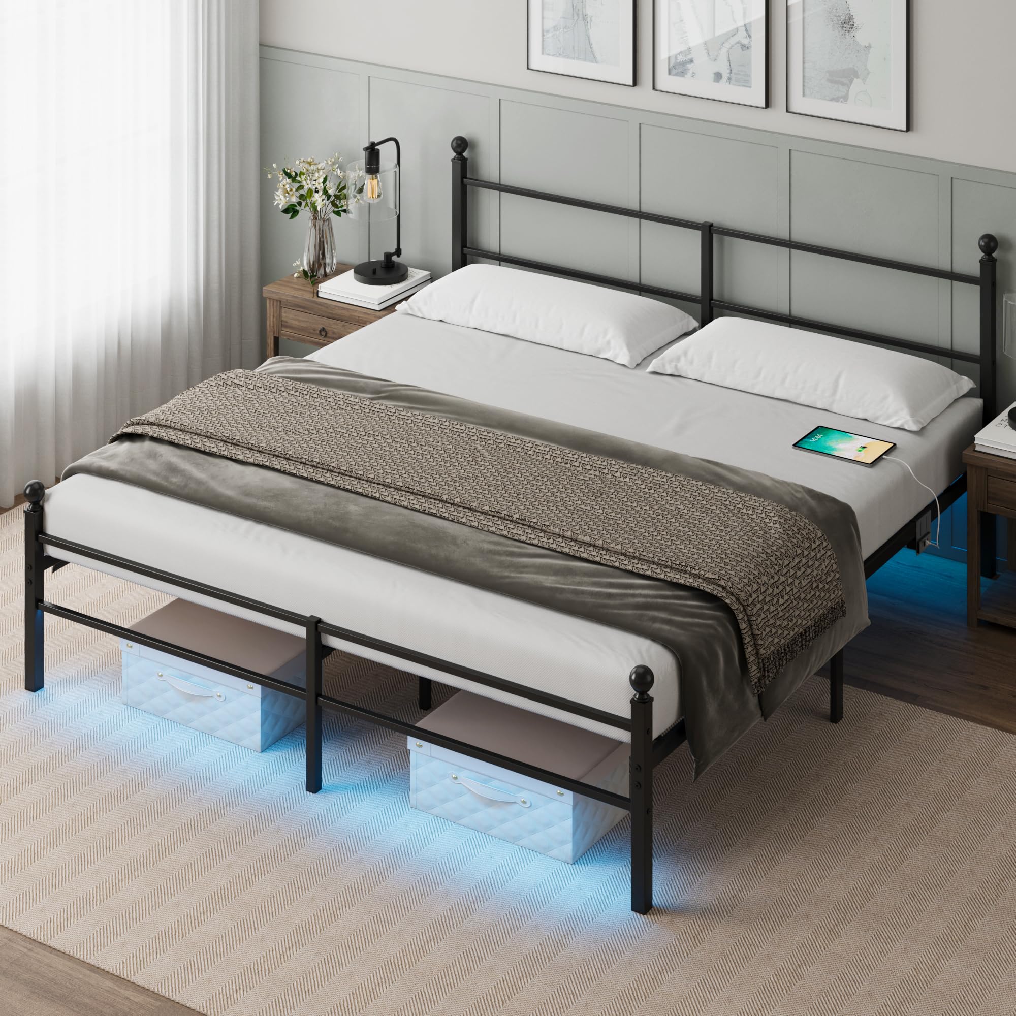 Photo 1 of King Size Bed Frame with Headboard - Metal Platform Bed with LED Lights, Charging Station, Under Bed Storage and Heavy Duty Steel Slats Support - No Box Spring Needed, Easy Assembly, Black