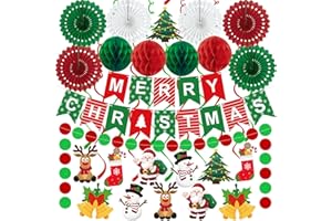 LABROSTAR 25pcs Christmas Party Decorations Merry Christmas Banner Paper Fan Garlands String Circle Dot Honeycomb Ball Swirl Streamers Snowman Santa for Xmas Decorations Indoor Home Decor