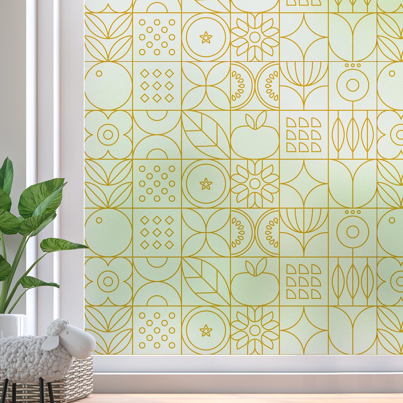 Photo 1 of DKTIE Modern Geometry Stained Glass Window Privacy Film with Installation Tools, Window Film Non Adhesive Frosted Decorative Glass Film (H, 17.7" x 78.7")