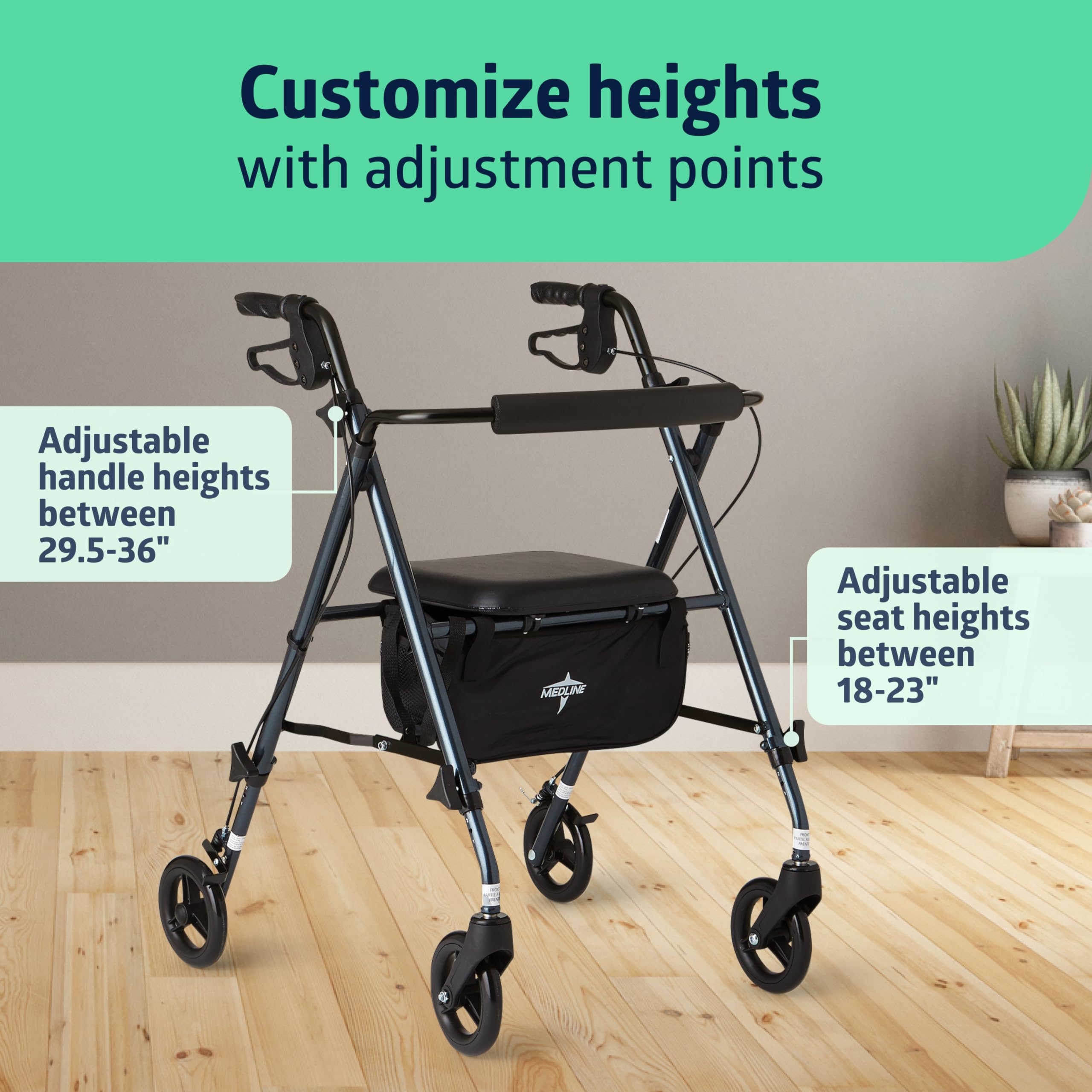 Medline Superlight Folding Aluminum Mobility Rollator Walker, Smoky Blue, 250 lb. Weight Capacity, 6