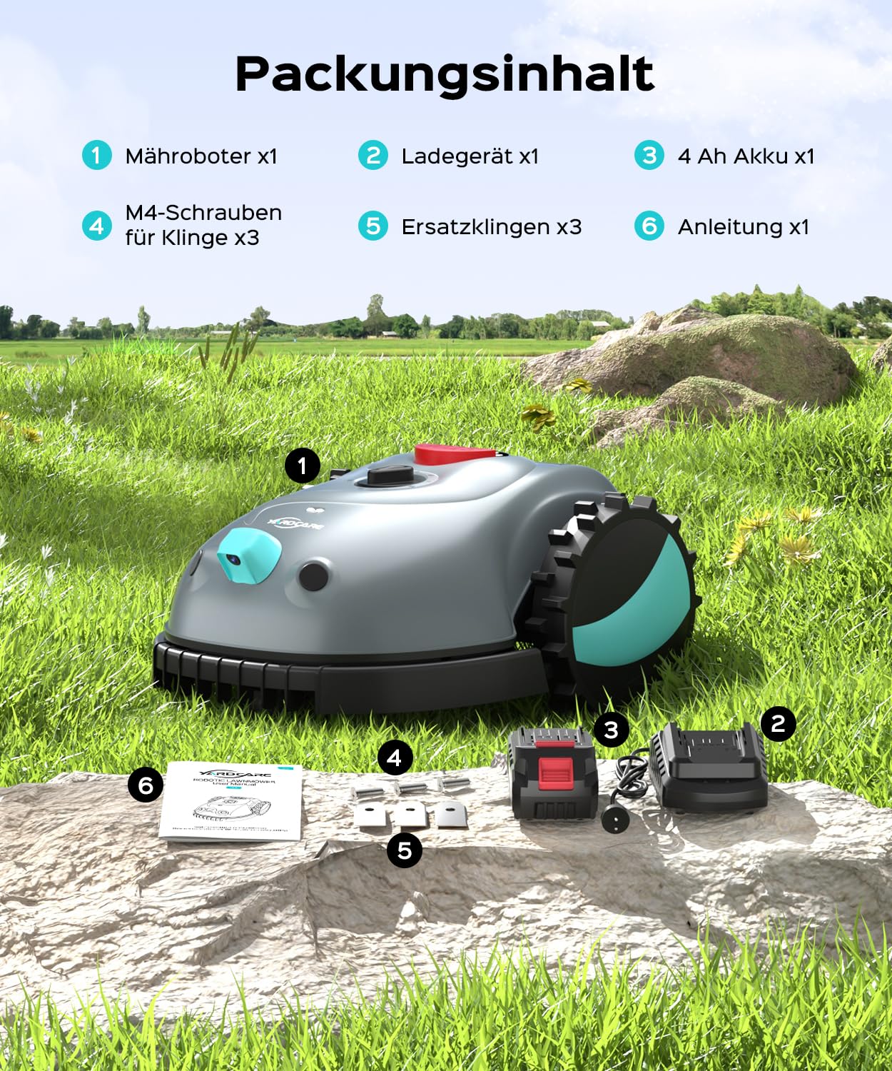 YARDCARE V100 Mähroboter ohne Begrenzungskabel Rasenroboter mit Kamera, Hindernisvermeidung, Vision Navigation, 4 Ah Akku Rasenmäher Roboter ohne Begrenzungsdraht 150㎡ mit Ersatzklingen, Spiralschnitt 9