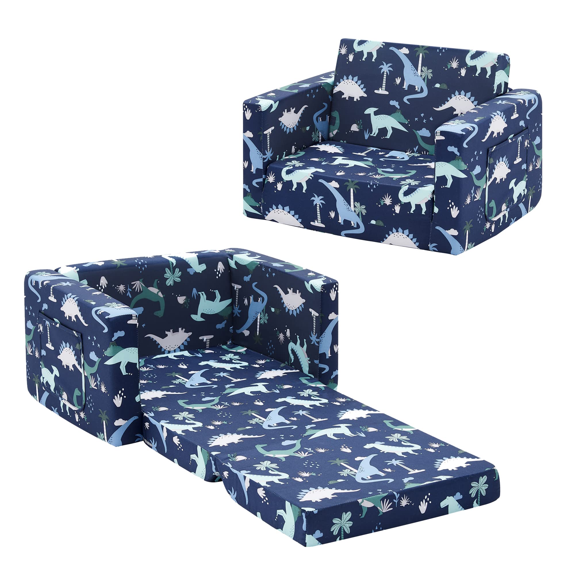 Photo 1 of Ulax furniture Kids Sofa Chair for Reading, 2-in-1 Sofa Toddler Fold Out Couch, Convertible Sofa to Sleeper Couch (Navy Dinosaur)