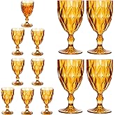 12 Pack Vintage Wine Glasses, Plastic Reusable 12 Ounce Colored Water Goblets, Unique Embossed Pattern Unbreakable Stemmed Wine Glasses High Clear Wedding Party Bar Drinking Cups Amber
