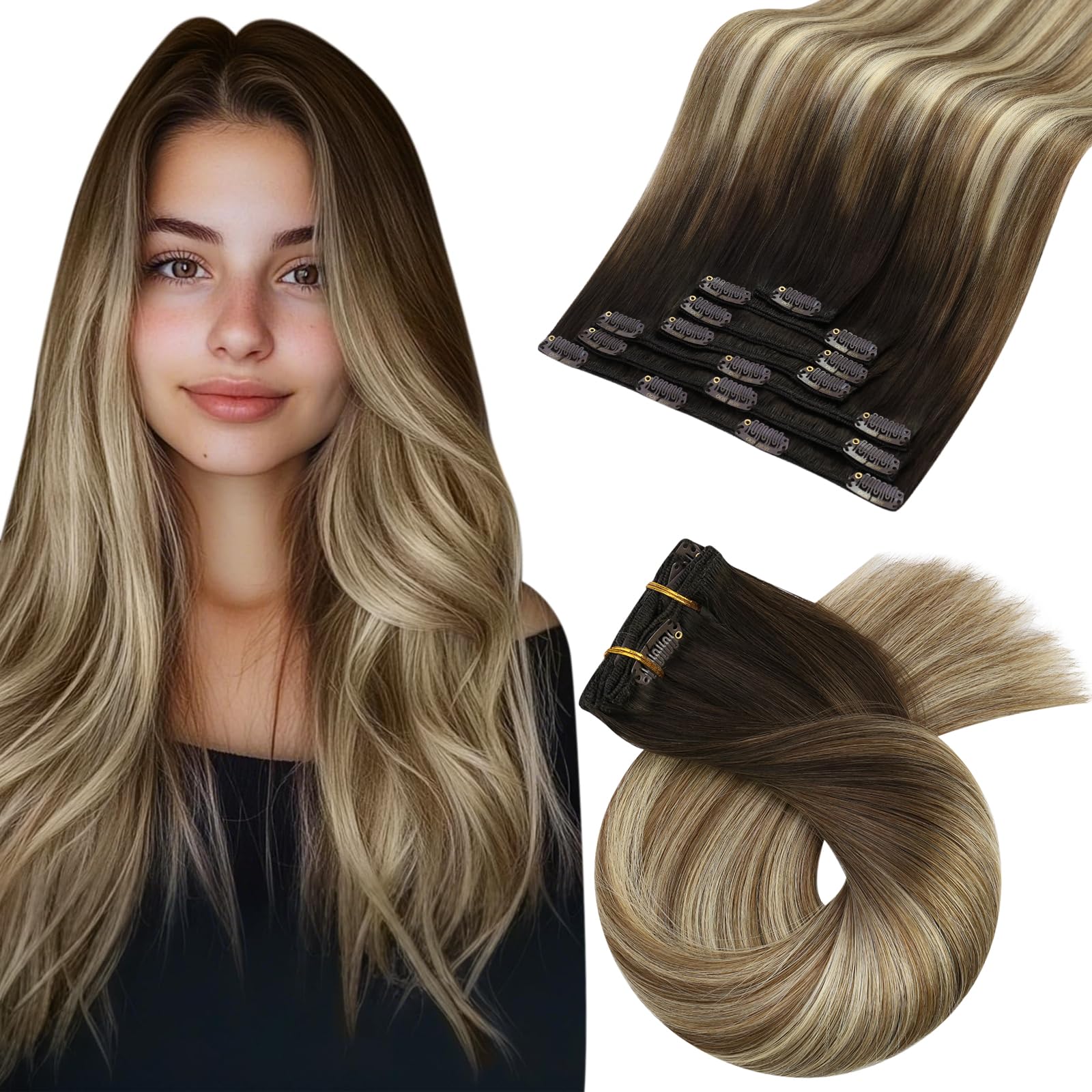Moresoo Human Hair Clip in Extensions Long 24 Inch 120g 7pcs Invisible Double Wefted Clip in Hair Extensions Remy Human Hair Ombre Brown to Blonde #4/6/613 — image 1