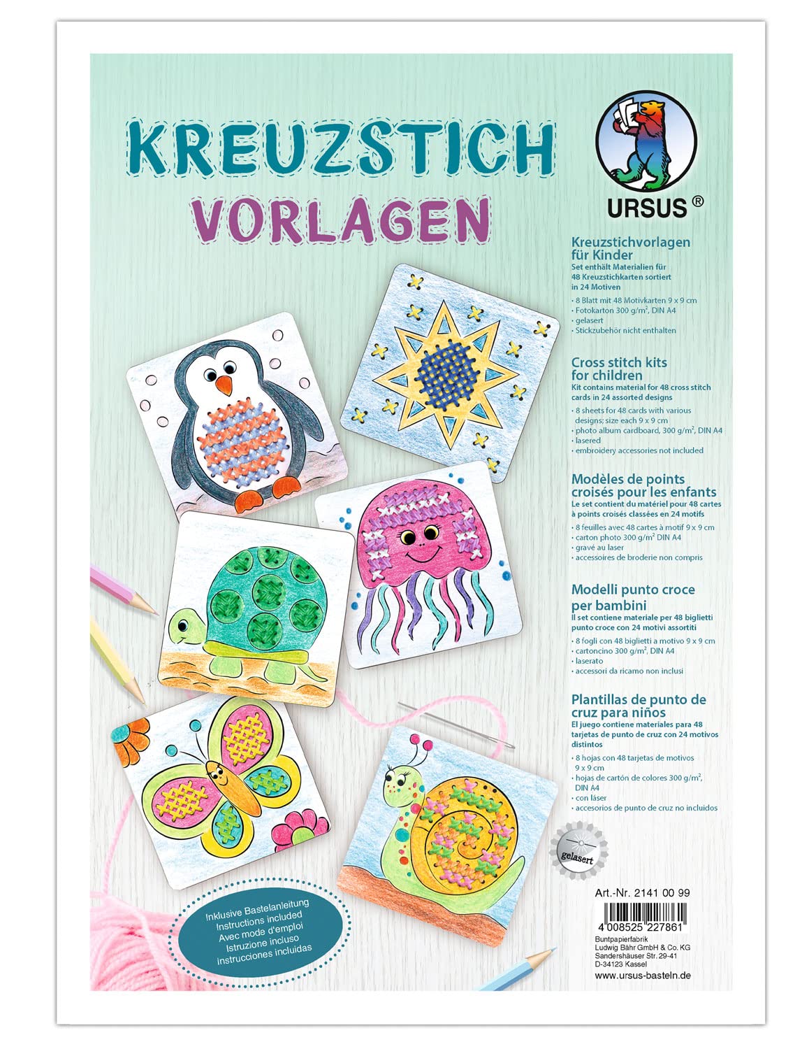 Ursus 21410099 Cross Stitch Templates, 8 Sheets, 48 Cross Stitch Cards in 24 Different Designs, Approx. 9 x 9 cm, Made of Photo Card 300 g/m², Lasered DIN A4, Includes Craft Instructions for Children