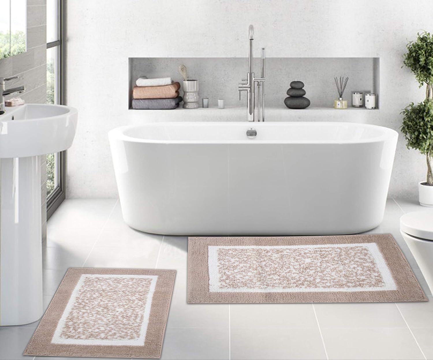 HILLFAIR 2 Pack Bath Mat - 20"x32" Inches & 16"x24" Inches - Anti Skid Machine Washable Bath Rugs for Bathroom- Soft Plush Absorbent Bath Mat/Rugs for Shower Tub- Multipurpose Floor Mat - Solid Beige: Kitchen & Dining