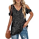 Sequin Tops Women Sparkly Shirt: Party Top Sparkle Shirts Glitter Cold Shoulder V Neck Blouses Evening Club Outfits