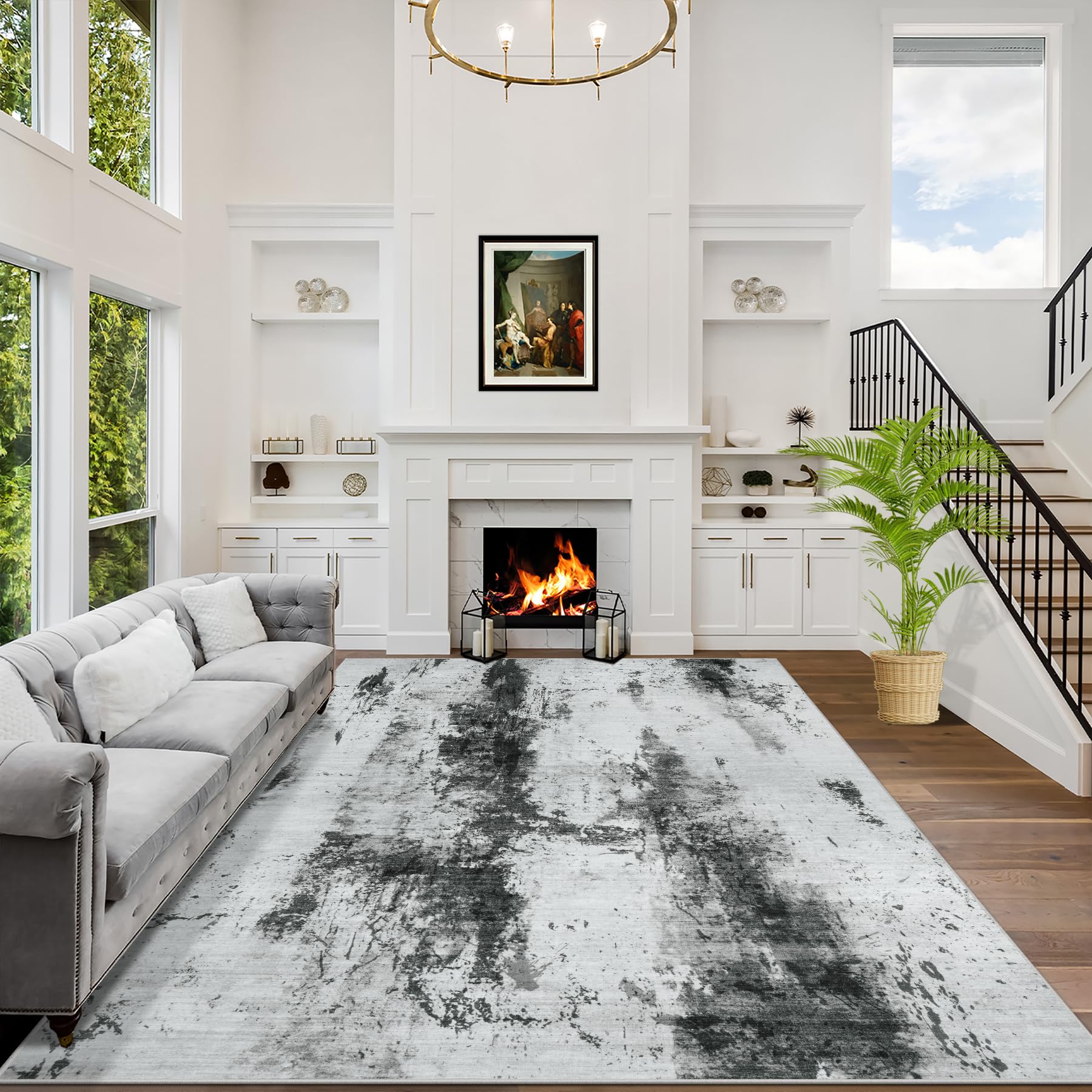 2'6''x8' Runner Rugs Washable Rug: Modern Abstract Living Room Rug Soft Anti-Skid Thin Carpet Indoor Floor Non-Shedding Carpets for Bedroom Dining Room Farmhouse Nursery Home Office Black White Grey Image