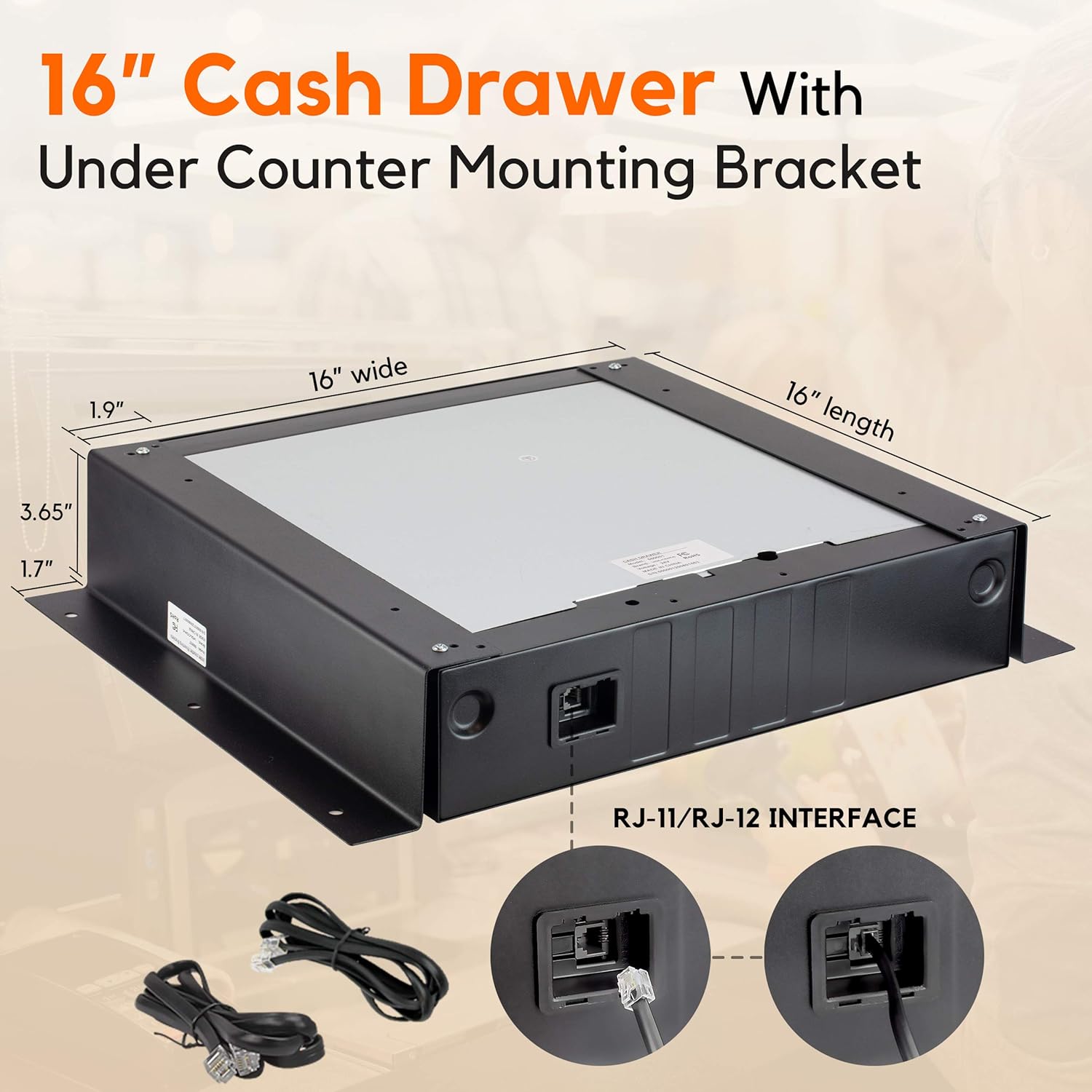 Cash Register Drawer with Under Counter Mounting Metal Bracket - 16” Black Cash Drawer for POS, 5 Bill 6 Coin Cash Tray, Removable Coin Compartment, 24V RJ11/RJ12 Key-Lock, Media Slot - For Businesses : Electronics