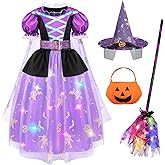 Meland Witch Costume for Girls, Light Up Halloween Costumes for Kids Toddlers 3-10, Witch Dress for Girls Dress Up