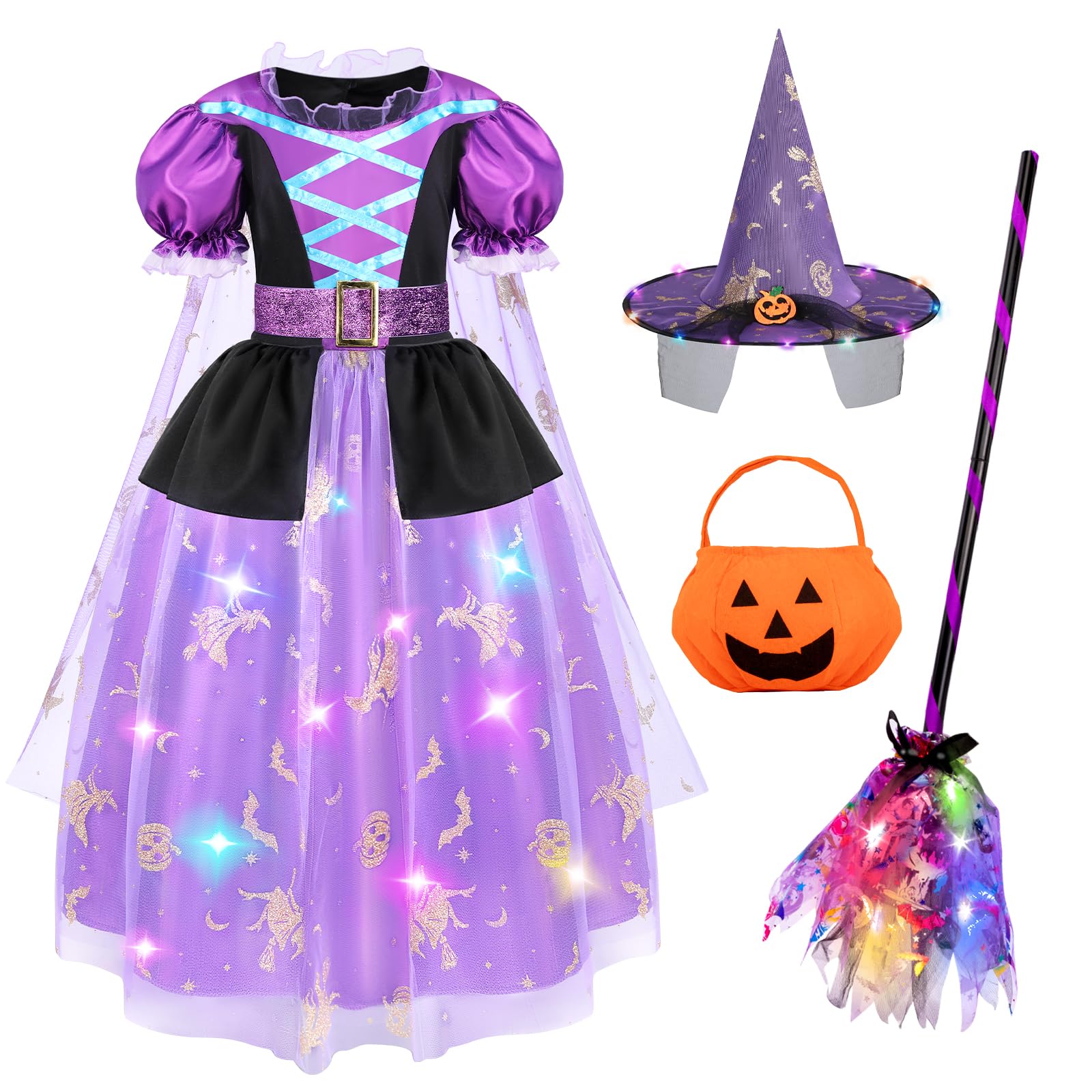 Photo 1 of ***NO DRESS***Meland Witch Costume for Girls, Light Up Halloween Costumes for Kids Toddlers 3-10, Witch Dress for Girls Dress Up (4-5 Years)
