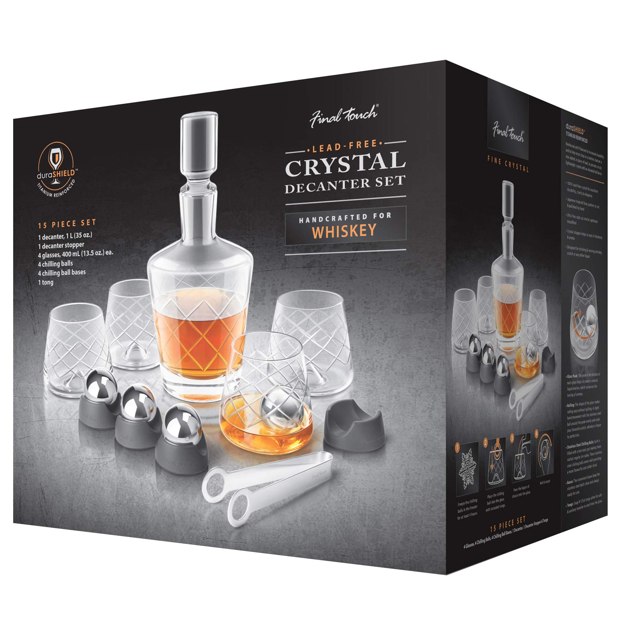 Final Touch Whisky Set. 15pce Crystal Decanter Set including 1L decanter with stopper, steel tongs, plus 4 large tumblers and 4 steel ice balls for chilling without dilution