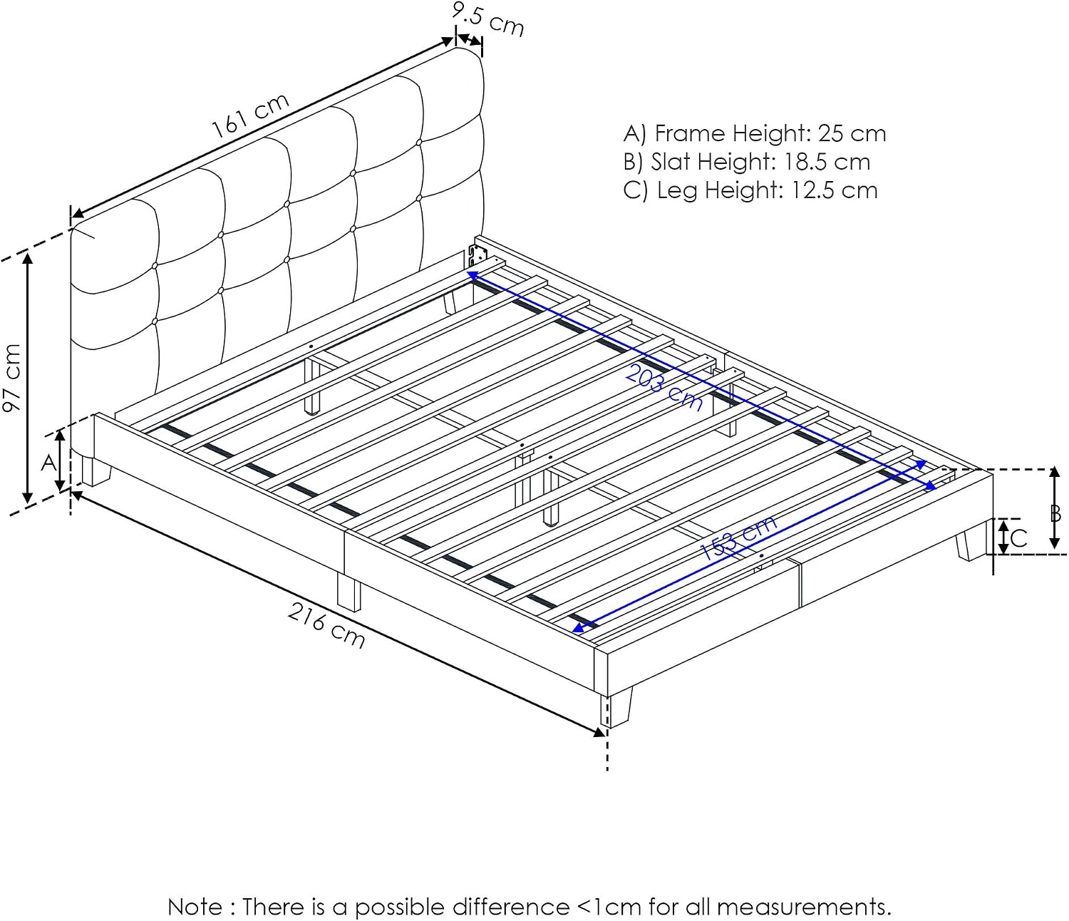 Furinno LAVAL Bed Frame, UK King Size Bedframe with Button Tufted Headboard, Upholstered Bed with Legs - Image 3