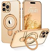 GUAGUA for iPhone 14 Pro Max Case with Stand, Magnetic Clear Cases Plating Edge Invisible Ring Holder Slim Shockproof Protective Kickstand Phone Case for iPhone 14 Pro Max 6.7'', Desert Titanium Gold