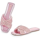 LUCKY STEP Women's Rhinestone Flat Sandals Open Toe Summer Glitter Bling Sparkle Dressy Slip on Outdoor Crossed Strap Slide