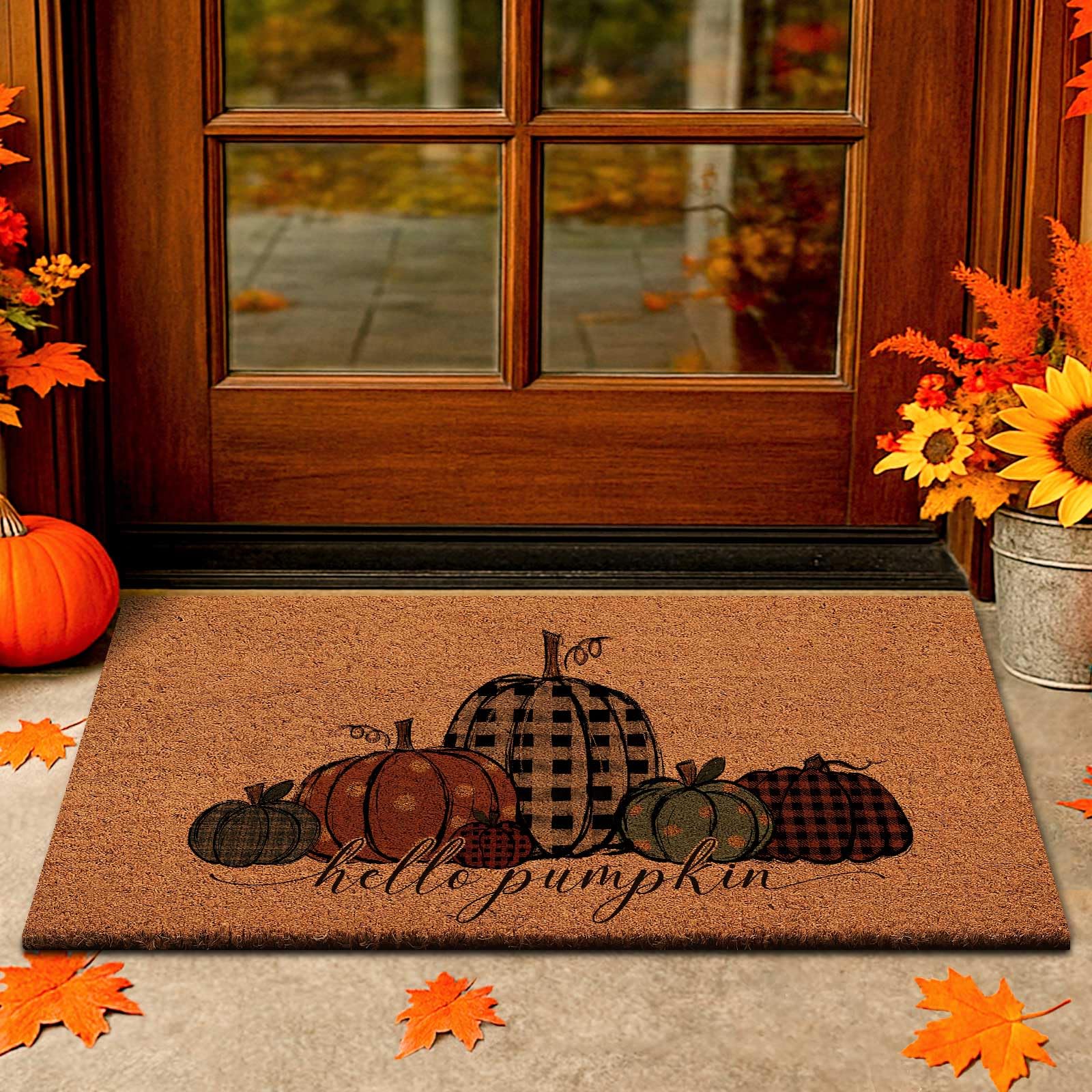 Photo 1 of *DAMAGED** Lanpn Fall Welcome Natural Coir Door Mat, Fall Hello Pumpkin Coco Front Door Outdoor Doormat Outside Entrance Porch Non Slip Rubber Rug Autumn Halloween Thanksgiving Farmhouse Decor 30x17 inch