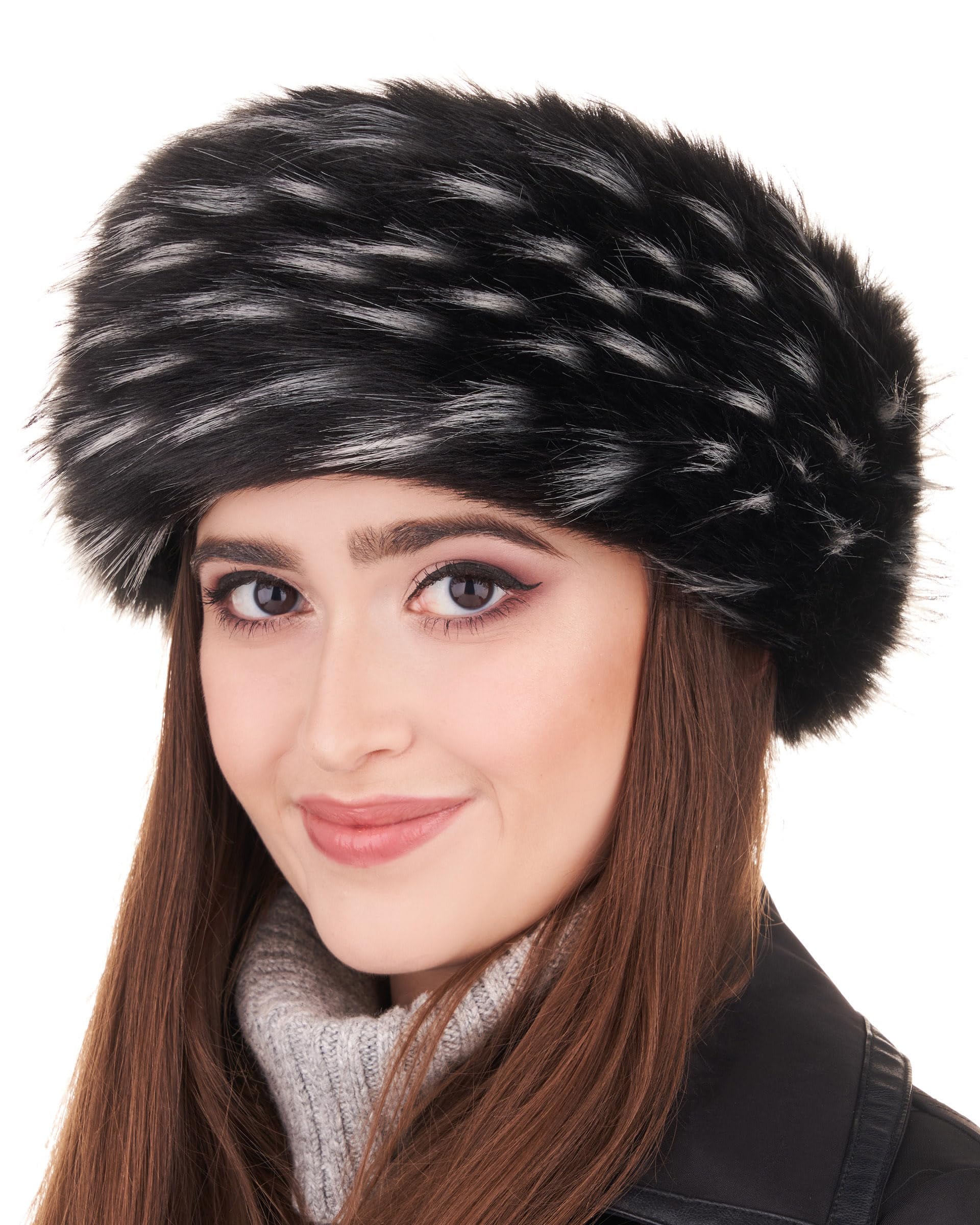 Futrzane Classic Headband - Faux Fur Headbands for Women - Furry Band for Winter - Size S (Black with White Classic)