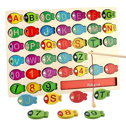 Magnetic Fishing Game for Kids, Wooden Fish Fine Motor Skills Toys, Educational Puzzle with Numbers 0-9 Letters A-Z and Fish Rod, Toddler Toys for Birthday Party Stocking Filler