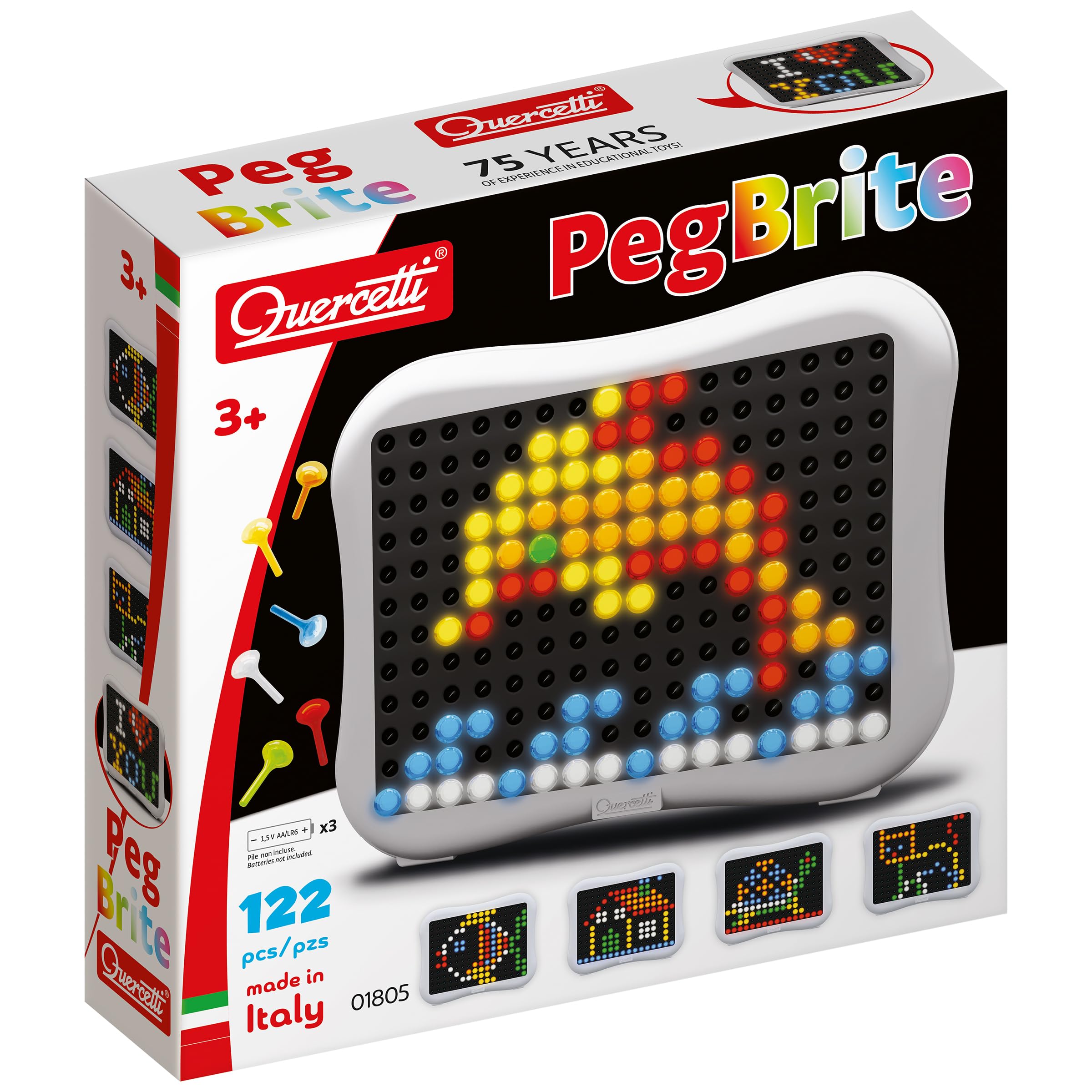 Quercetti PegBrite - Kids' Mosaic Kits, 123 Pieces - Lamp Toy to Light Up Your Room, Creative STEM Kit for Boys and Girls Ages 3+