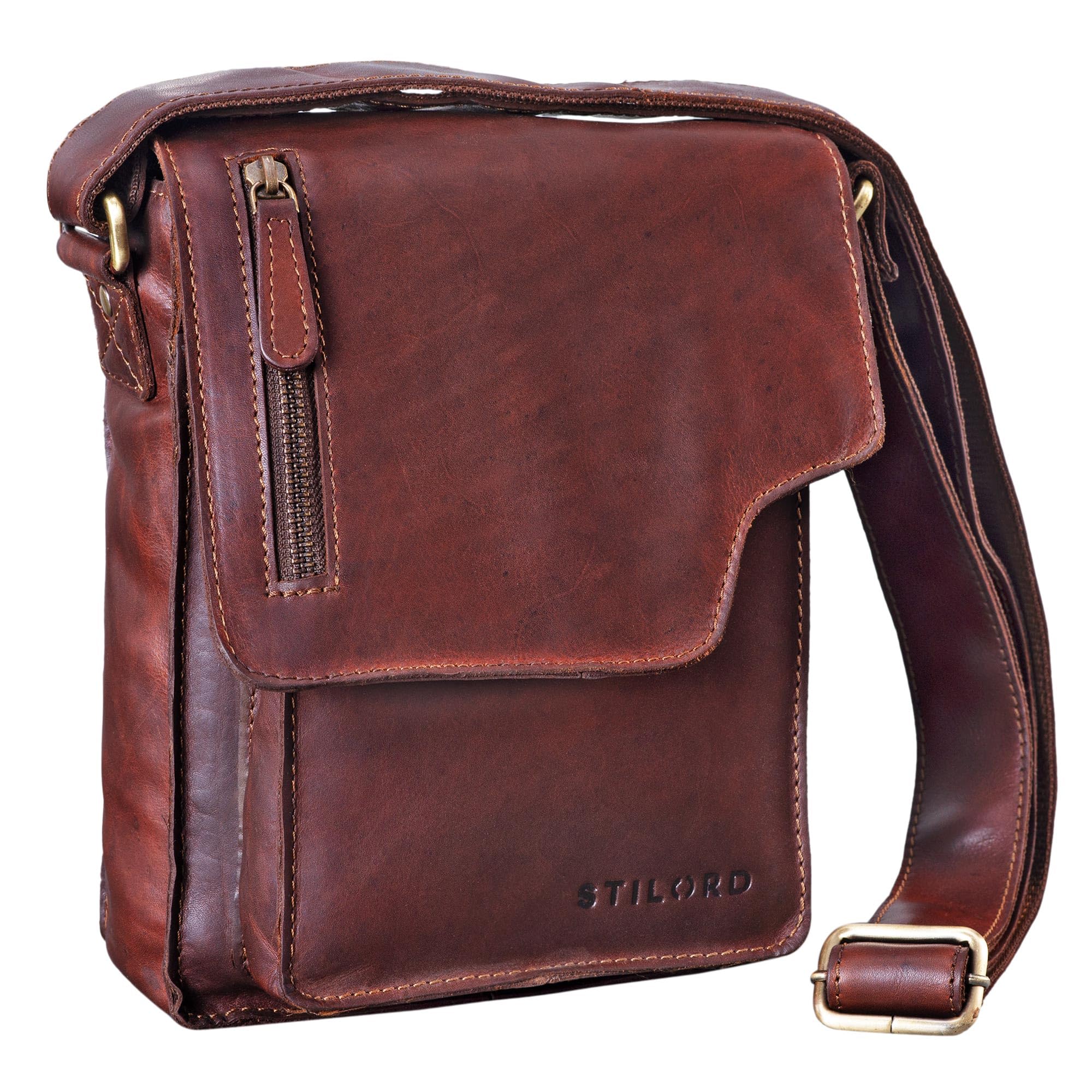 STILORD "Pete" Shoulder Bag Leather Small for Men Messenger Bag Cross-Body Vintage Design fit for 8,4 inch Tablets Bag Real Leather Colour:Cognac Dark Brown
