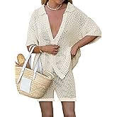 Famulily 2 Piece Shorts Set for Women Sexy Hollow Out Swimsuit Cover Up Button Down Shirt and Wide Leg Shorts Matching Set