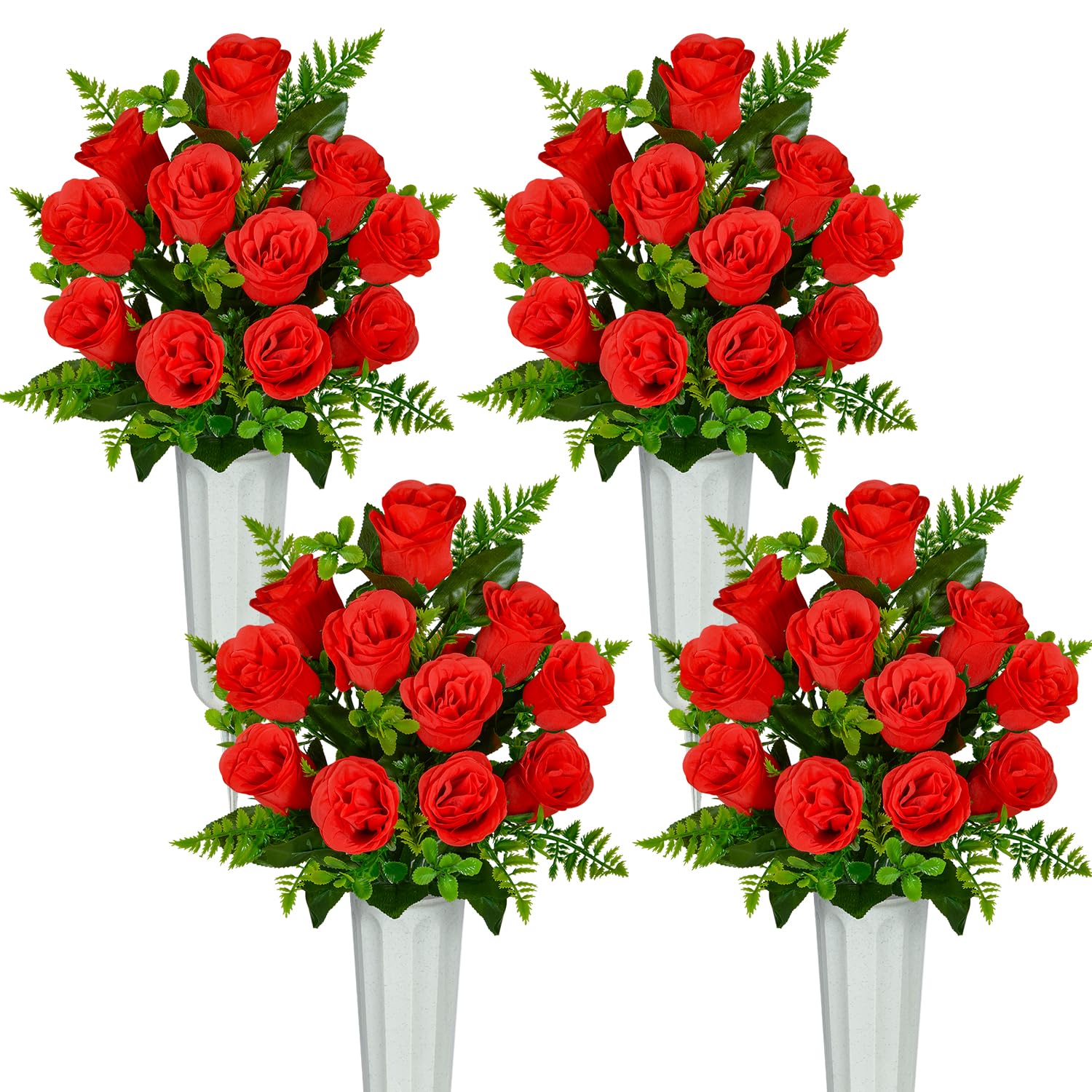 SIFOEL Artificial Cemetery Flowers with Vase, Artificial Rose Bouquet Grave Memorial Flowers for Cemetery Headstones Decoration (Red-4Pcs)