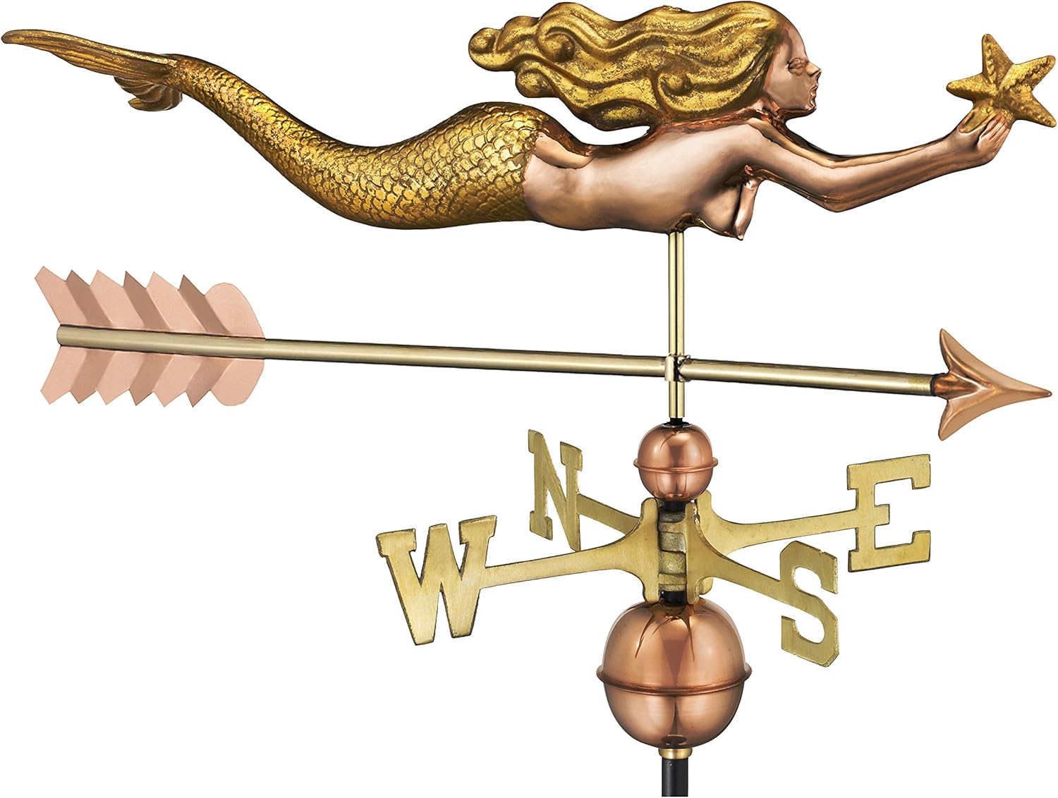 Weathervanes - Good Directions Mermaid with Starfish and Arrow Weathervane - Pure Copper with Golden Leaf Finish