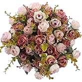 Duovlo 7 Branch 21 Mini Rose Heads Artificial Flowers Bouquet Wedding Home Office Decor,Pack of 4 (Pink)