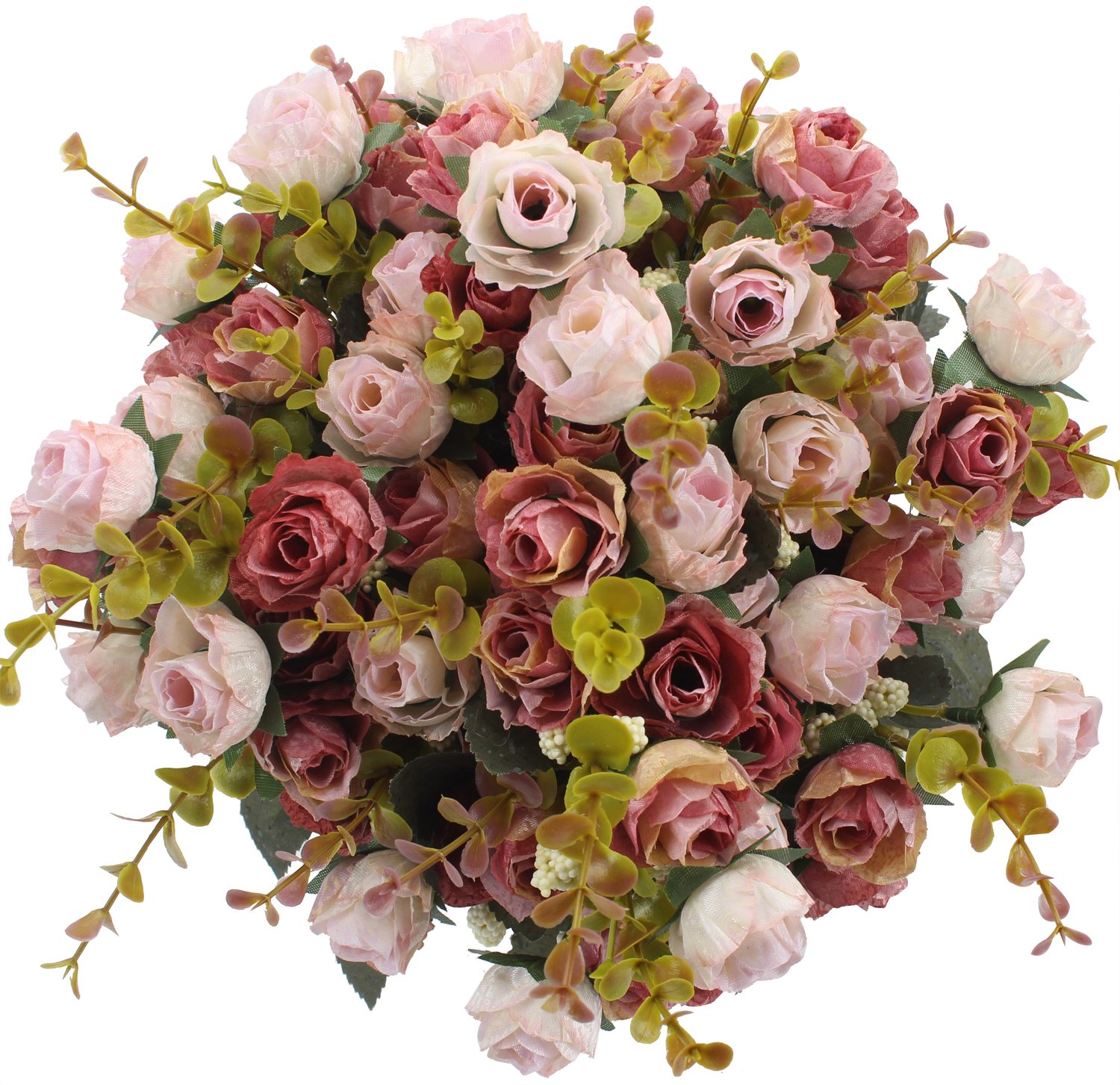 Duovlo 7 Branch 21 Heads Artificial Flowers Bouquet Mini Rose Wedding Home Office Decor,Pack of 4 (Pink)